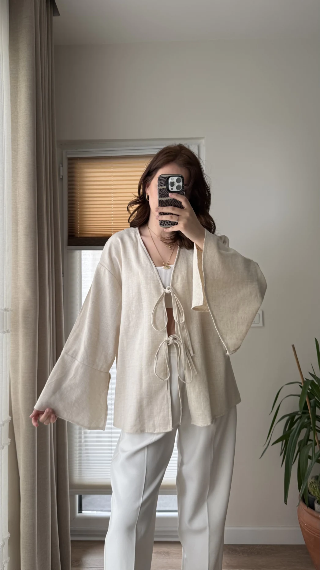 %100 Pamuk Ham Keten Kumaş Kimono Krem