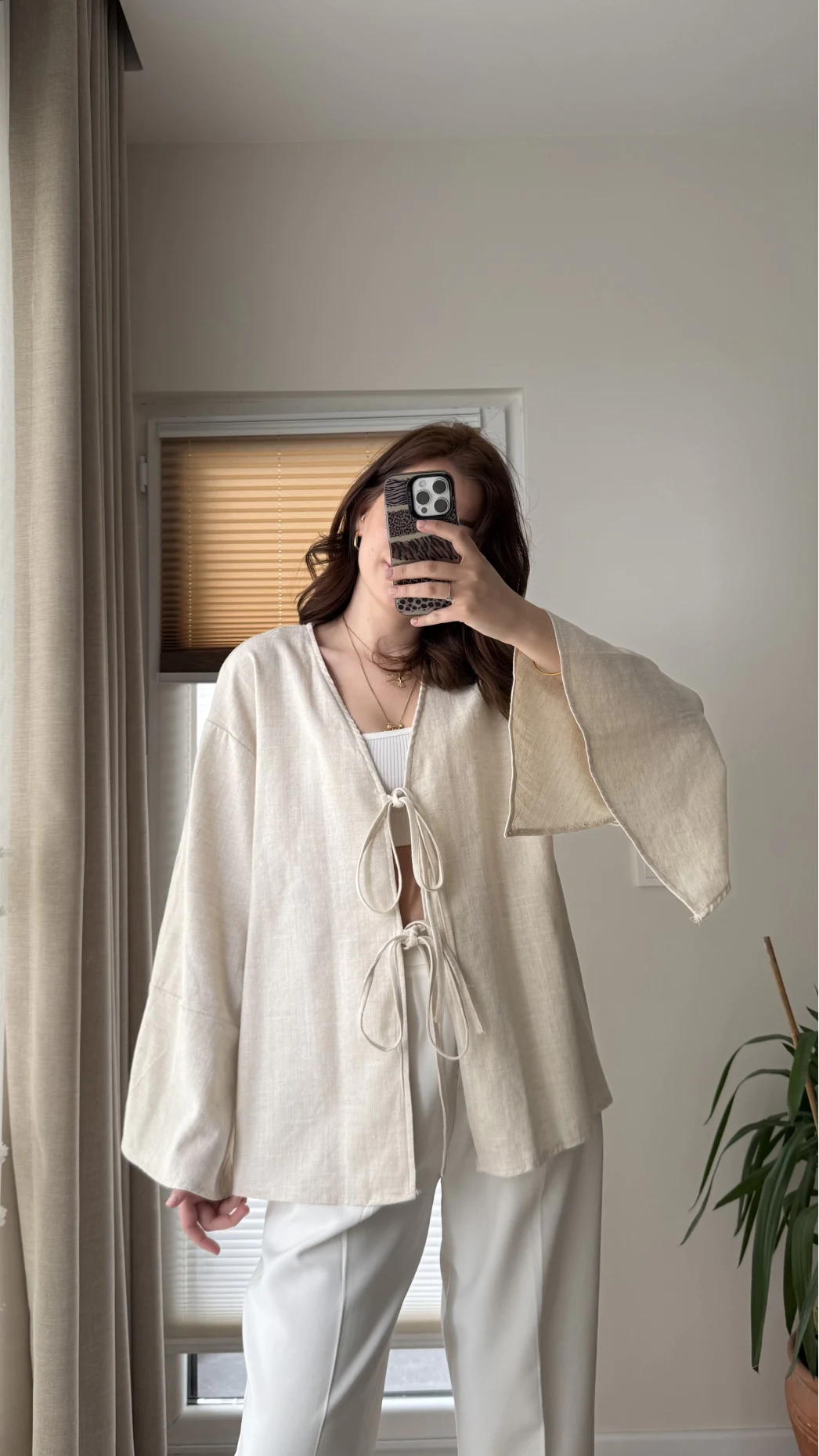 %100 Pamuk Ham Keten Kumaş Kimono Krem