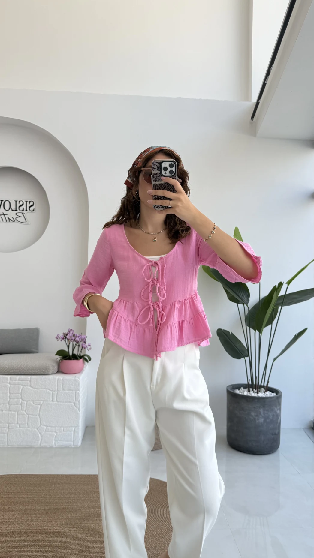 1013 - Seren Katlı Bağlamalı Bluz - Şeker Pembesi