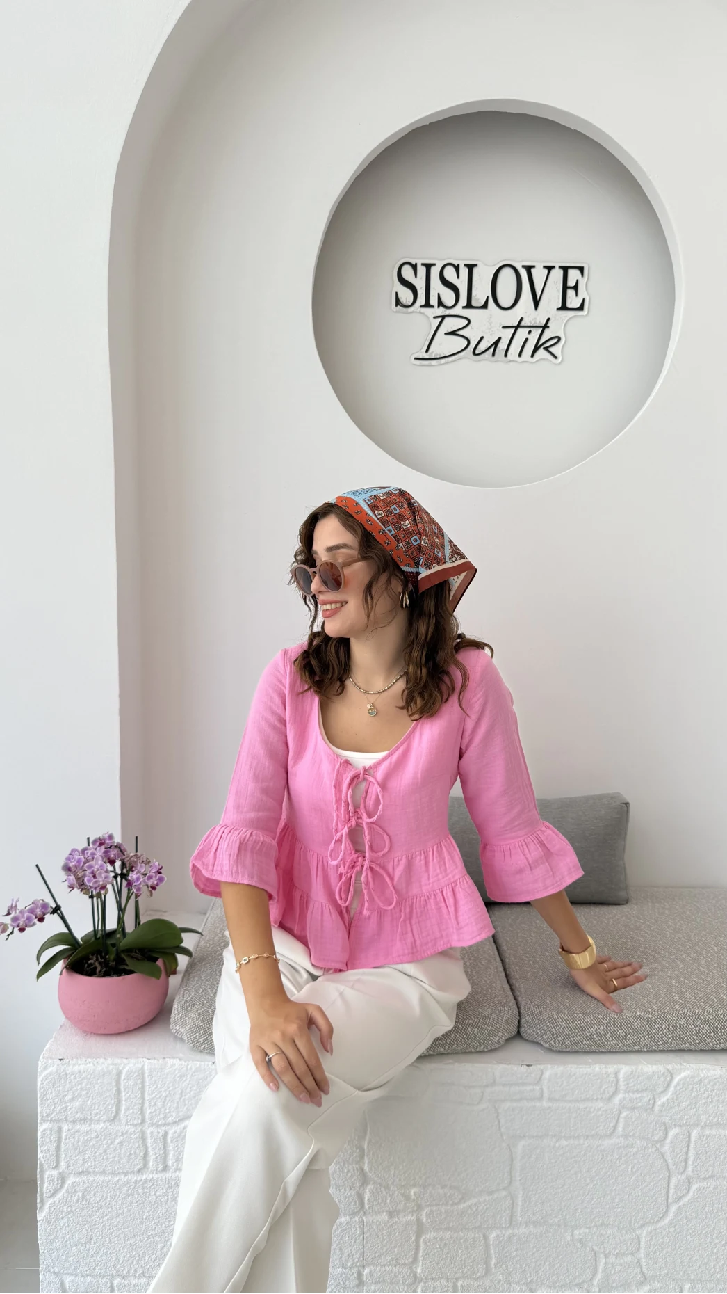 1013 - Seren Katlı Bağlamalı Bluz - Şeker Pembesi