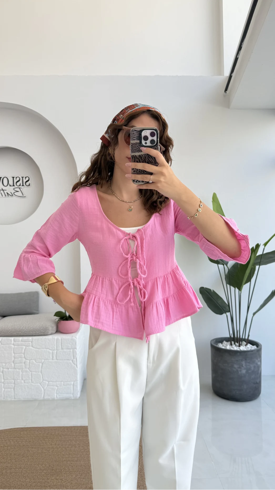 1013 - Seren Katlı Bağlamalı Bluz - Şeker Pembesi