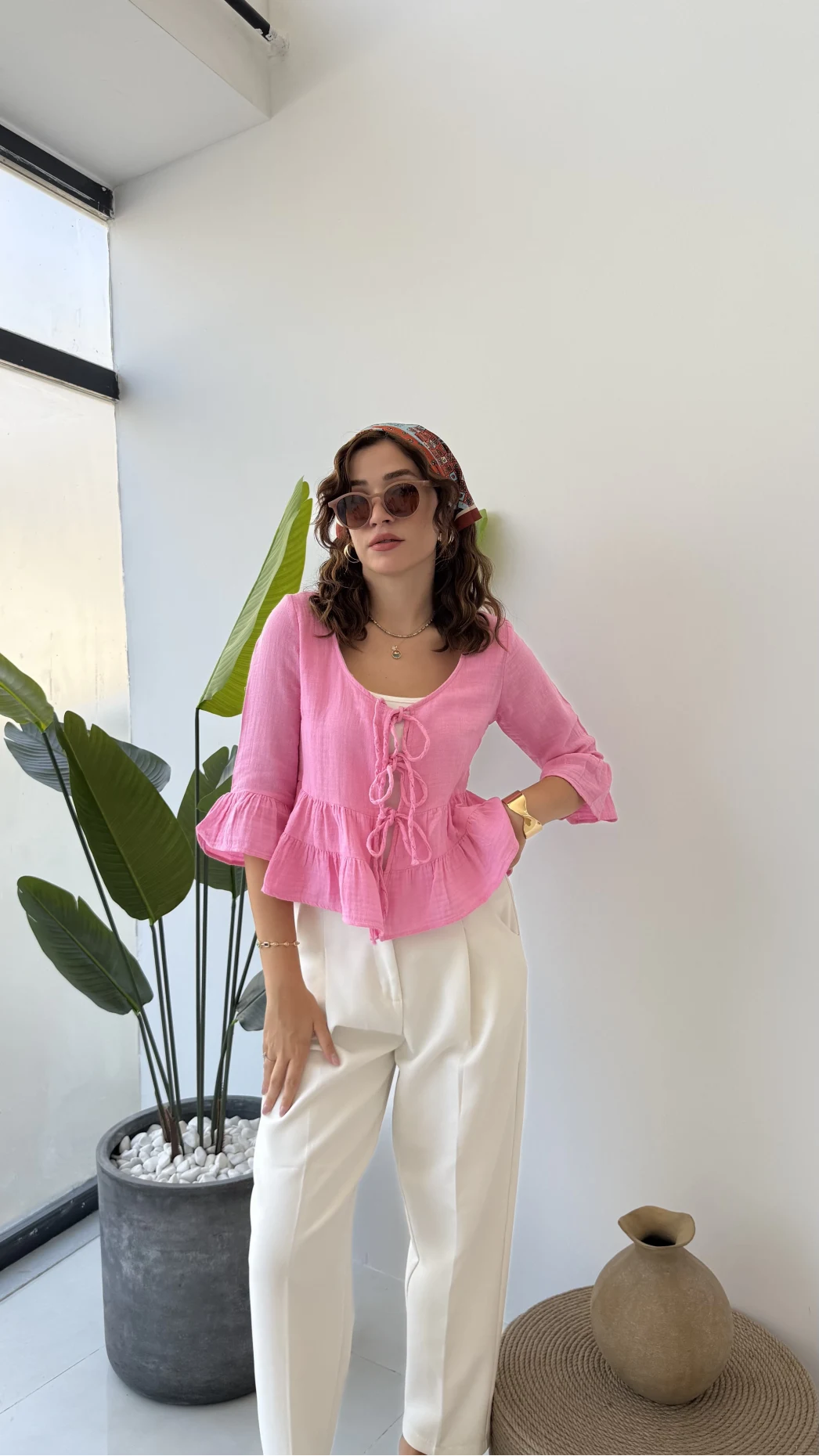 1013 - Seren Katlı Bağlamalı Bluz - Şeker Pembesi