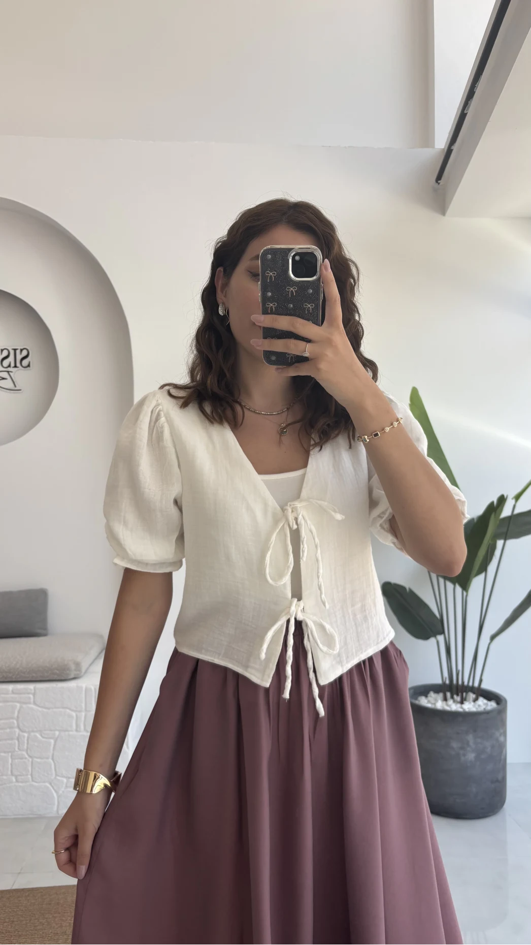 1017 - Arin Kolu Lastik Detay Bluz - Kırık Beyaz