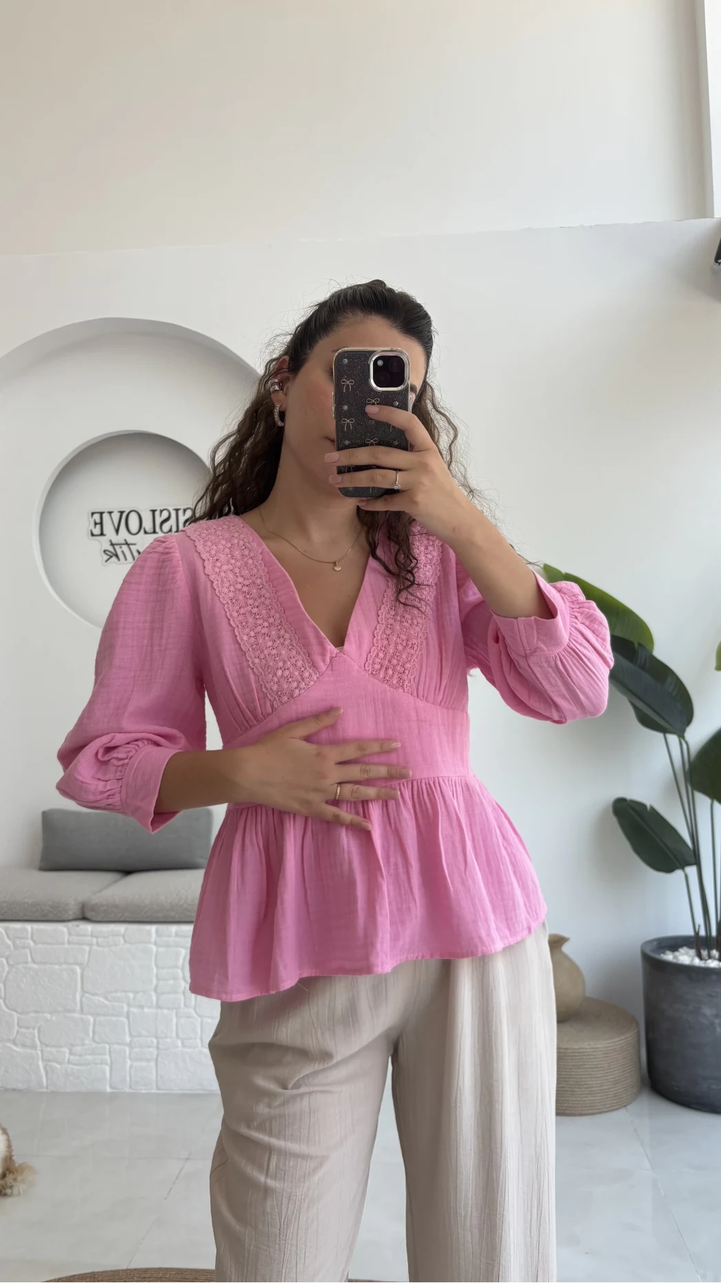 1034 - Freesia Dantel Detay Müslin Bluz - Şeker Pembesi