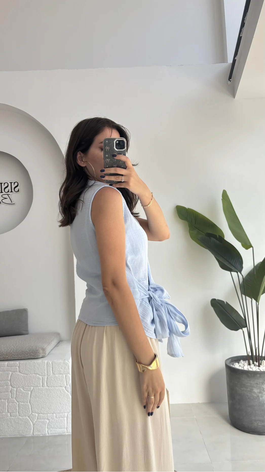 1036 - Rarity Polo Yaka Sıfır Kol Müslin Bluz - Bebe Mavisi