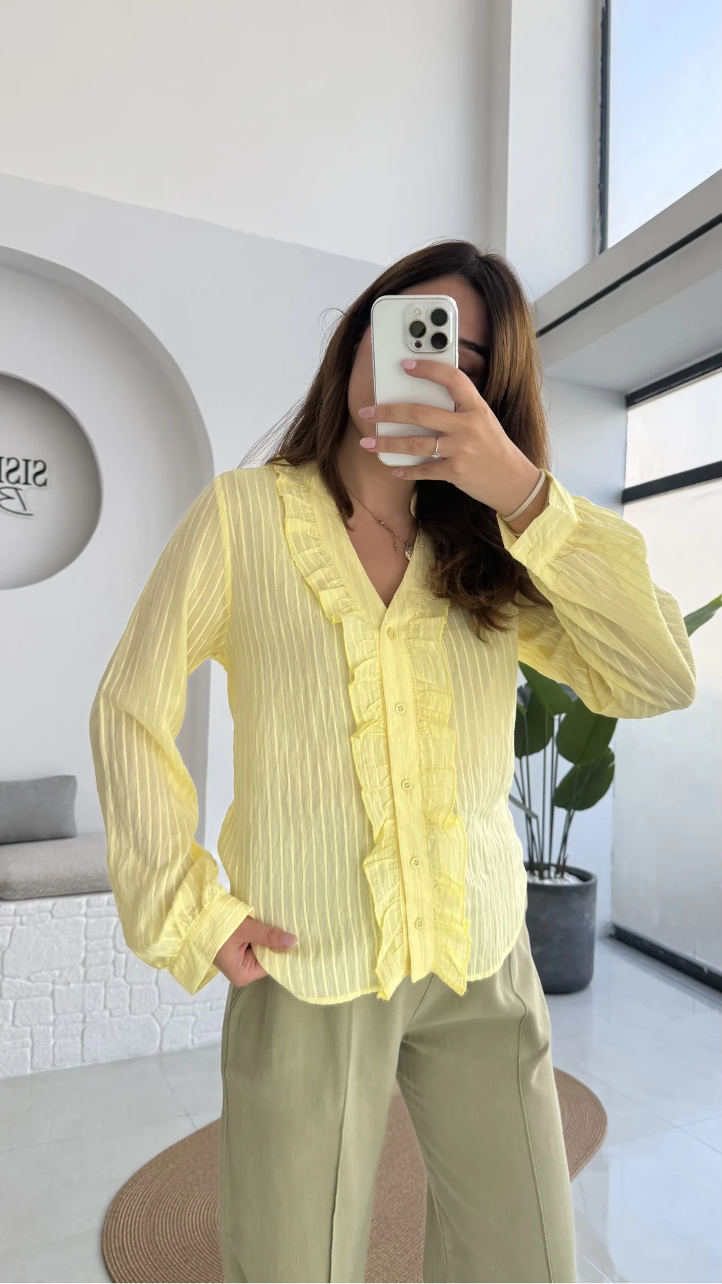 2118 - Aisha Uzun Kollu Fırfır Detay Gömlek - Sarı