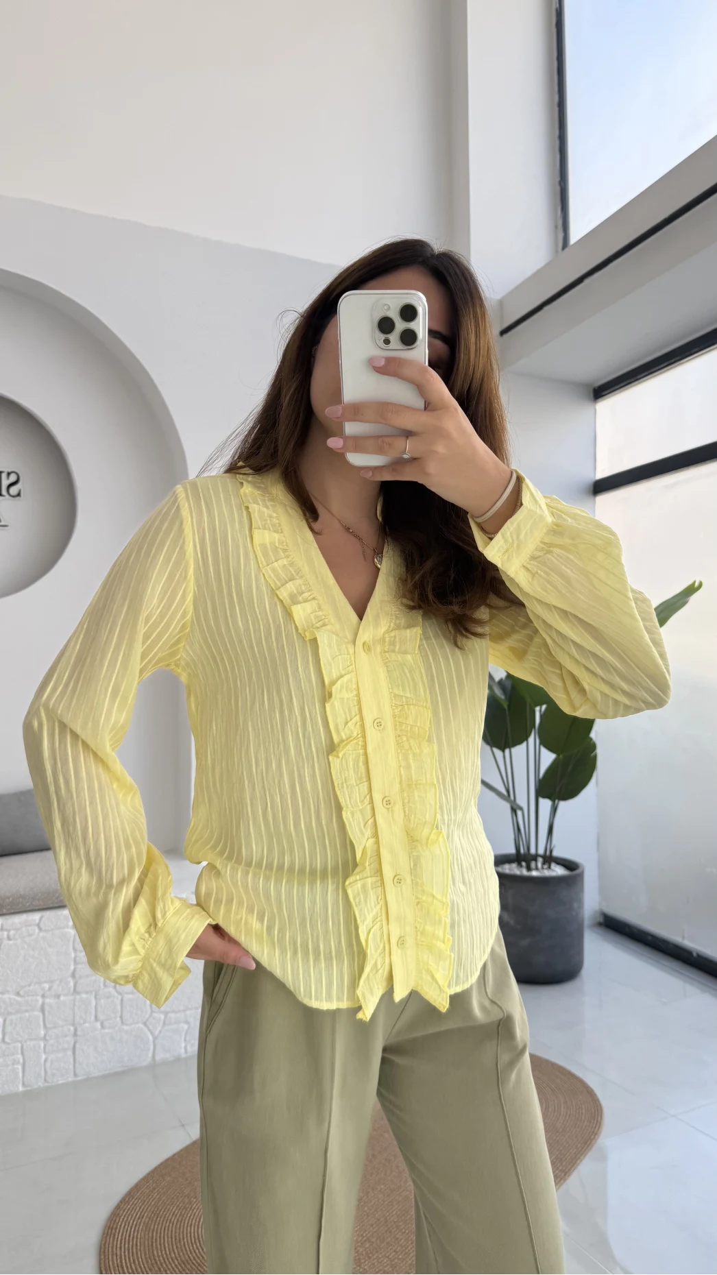 2118 - Aisha Uzun Kollu Fırfır Detay Gömlek - Sarı