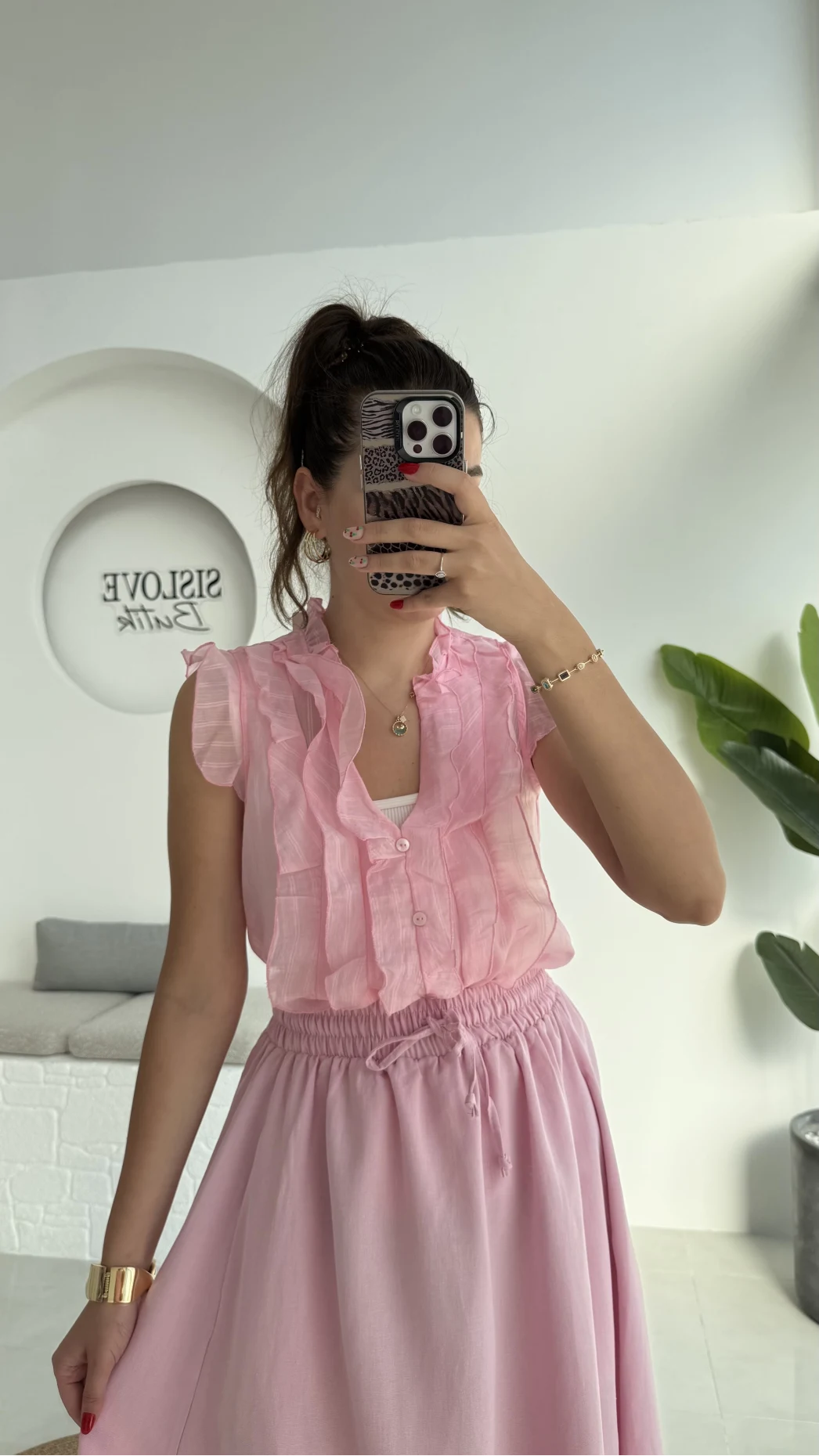 2119 - Julie Sıfır Kol Fırfırlı Gömlek - Pembe