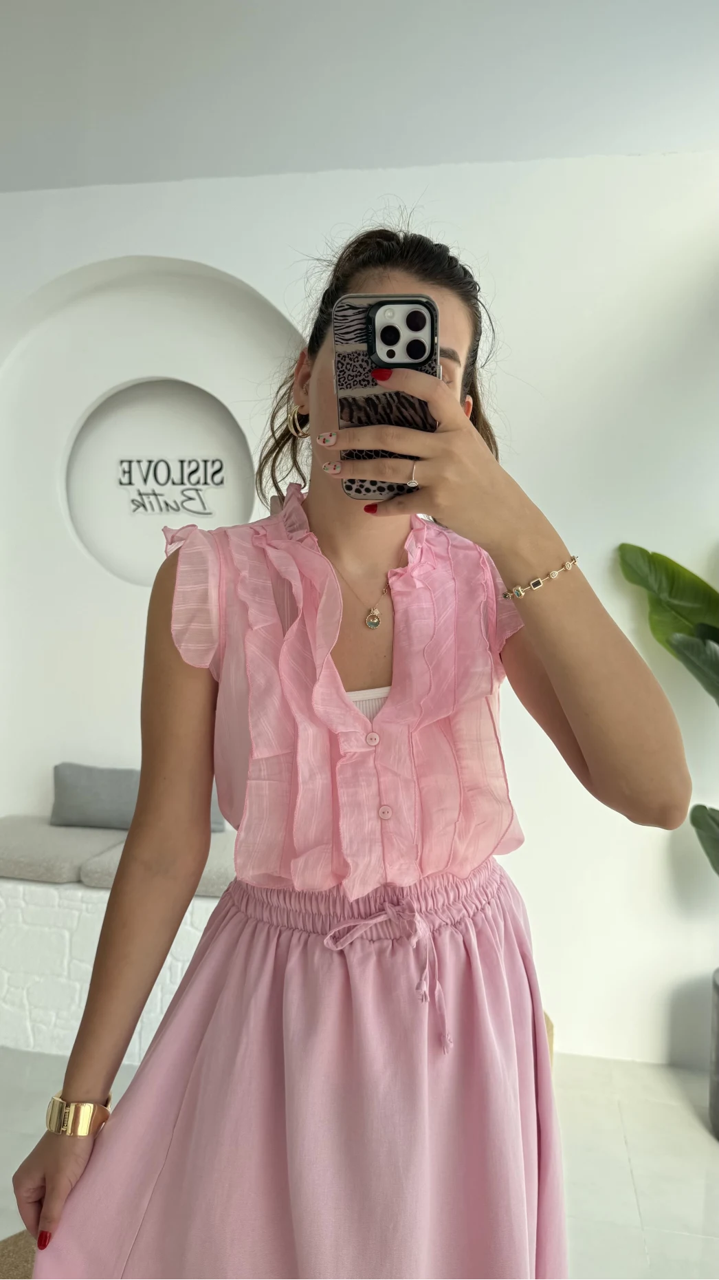 2119 - Julie Sıfır Kol Fırfırlı Gömlek - Pembe