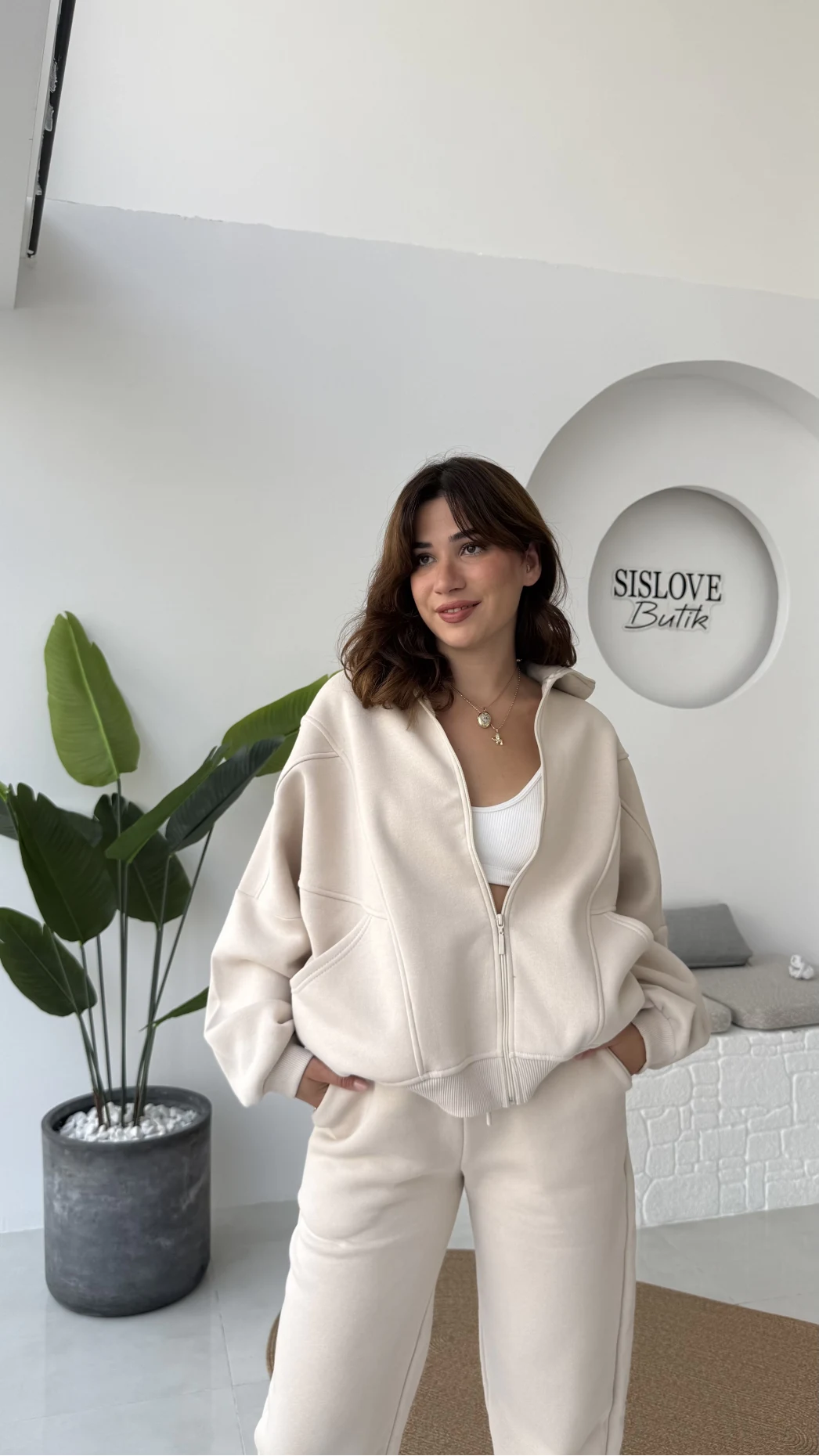 3 İplik Şardonlu Parçalı Eşofman Takımı - Taş - Kod: 4537