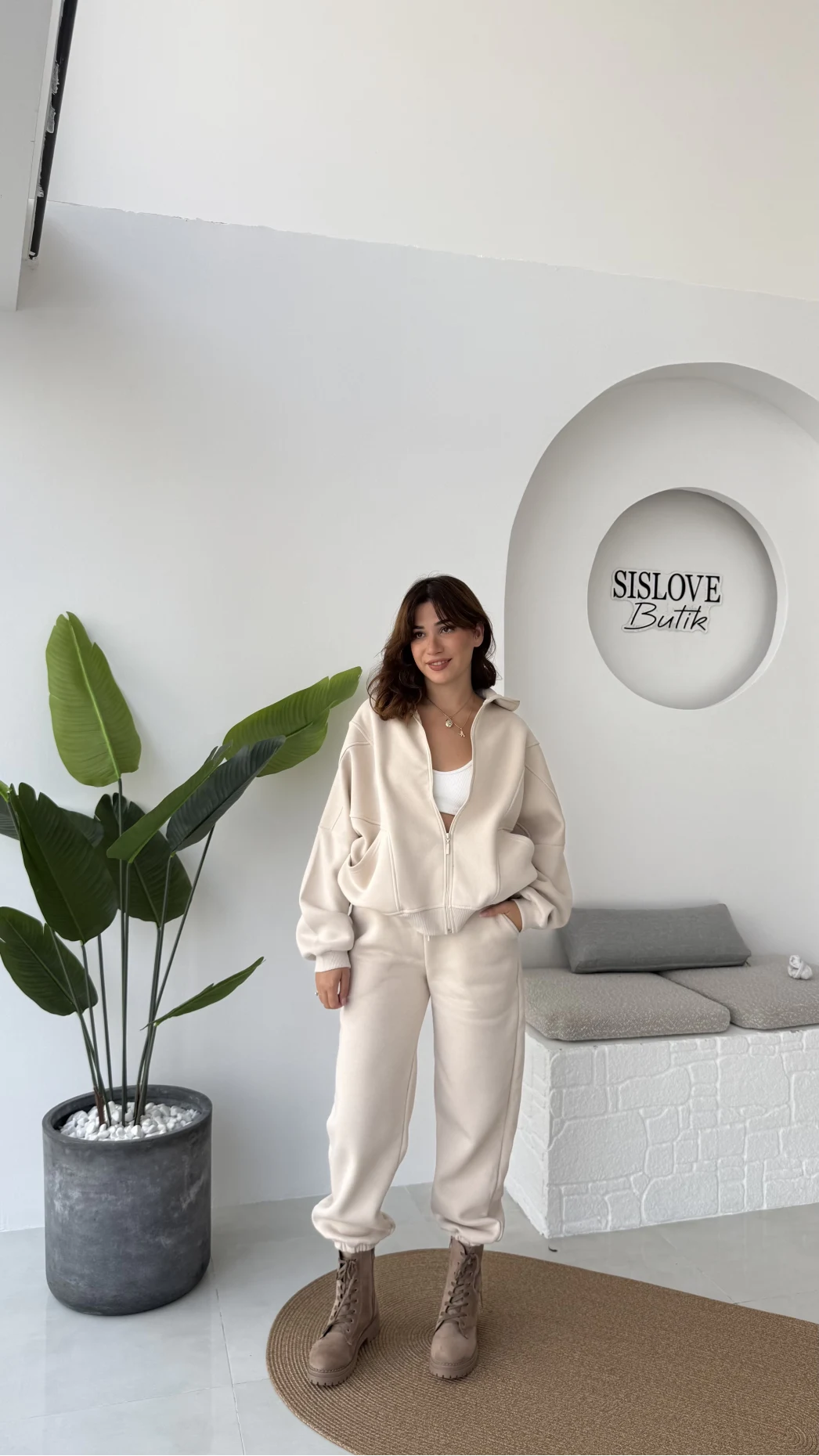 3 İplik Şardonlu Parçalı Eşofman Takımı - Taş - Kod: 4537