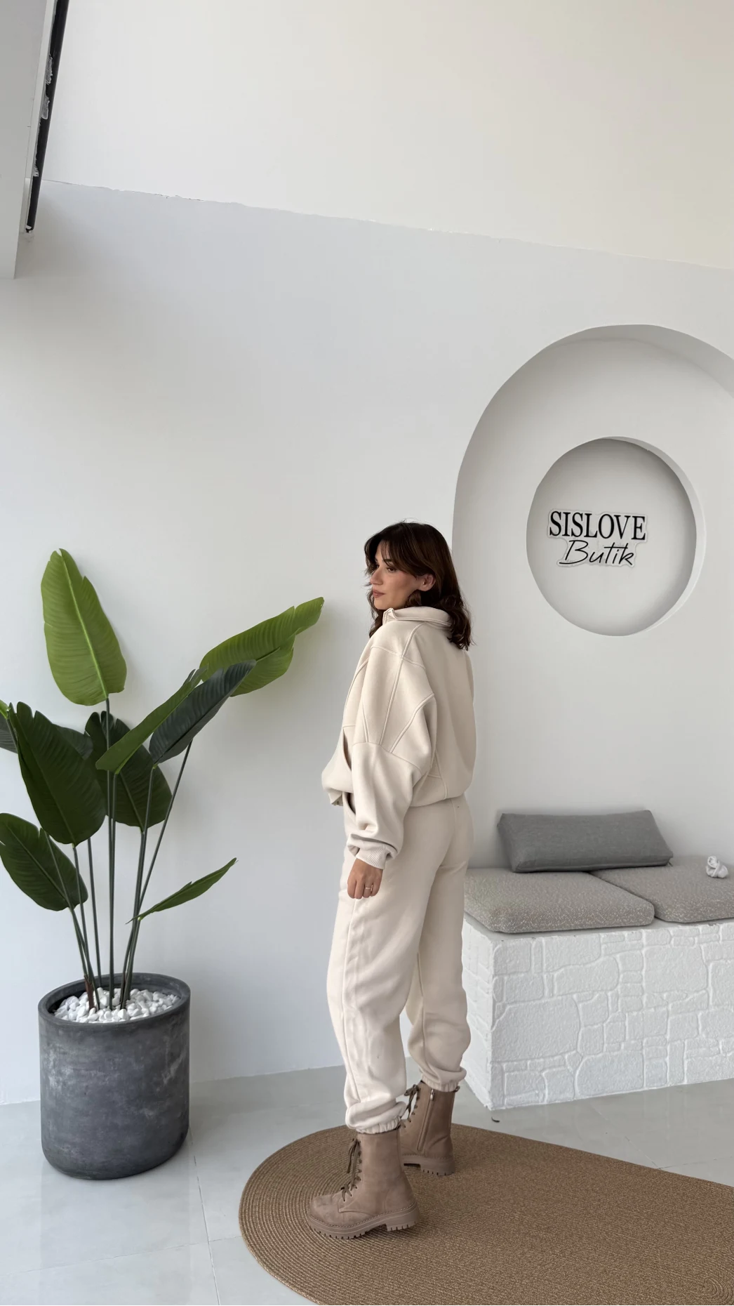 3 İplik Şardonlu Parçalı Eşofman Takımı - Taş - Kod: 4537