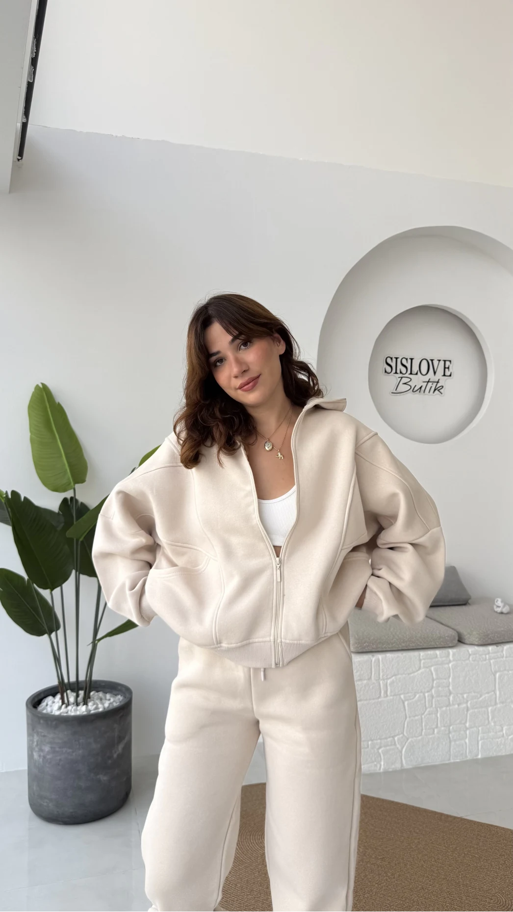 3 İplik Şardonlu Parçalı Eşofman Takımı - Taş - Kod: 4537