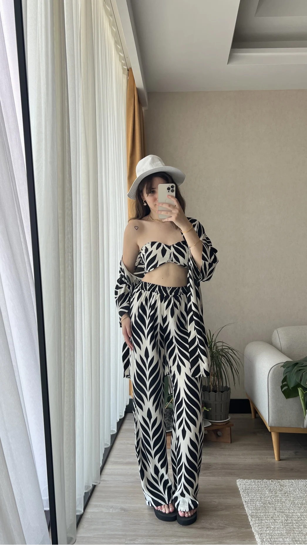 3lü Büstiyer Siyah Beyaz Kimono Pantolon Takım