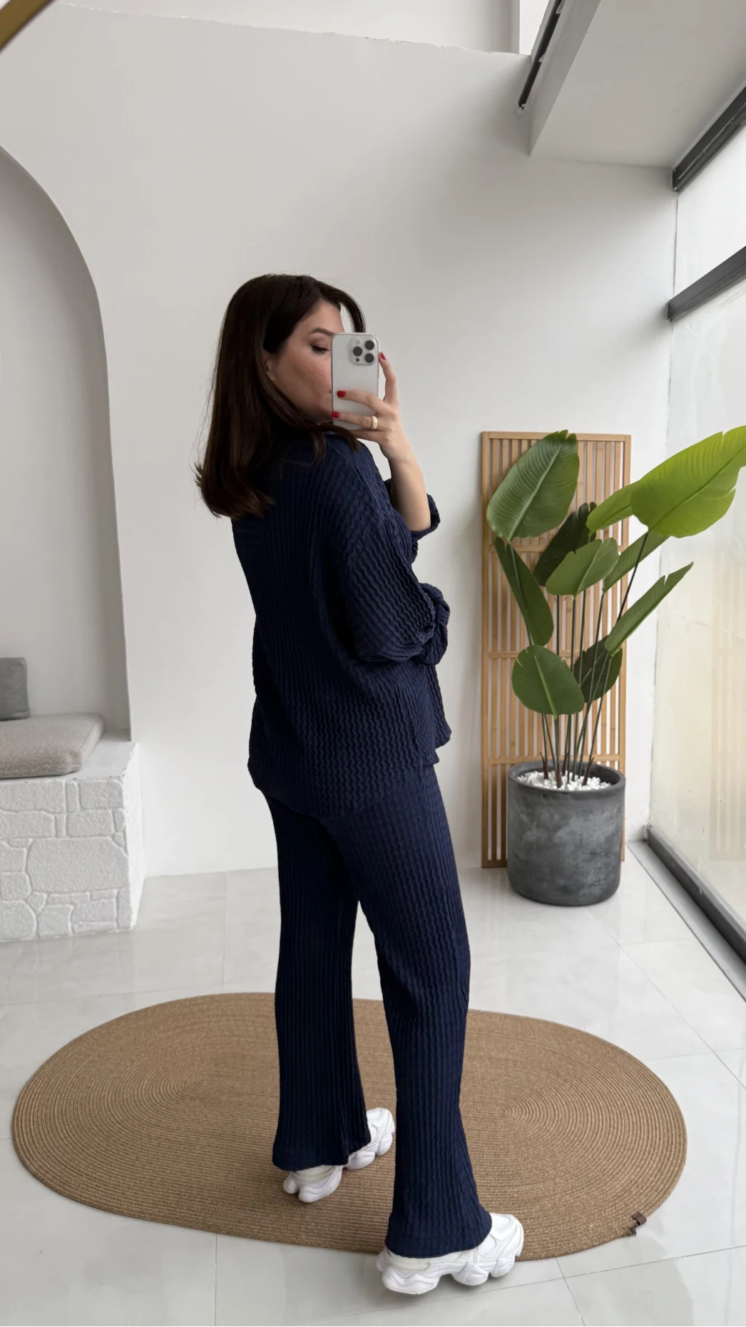 Waffle Kumaş Gömlek-Pantolon Takım - Lacivert - Kod: 6042