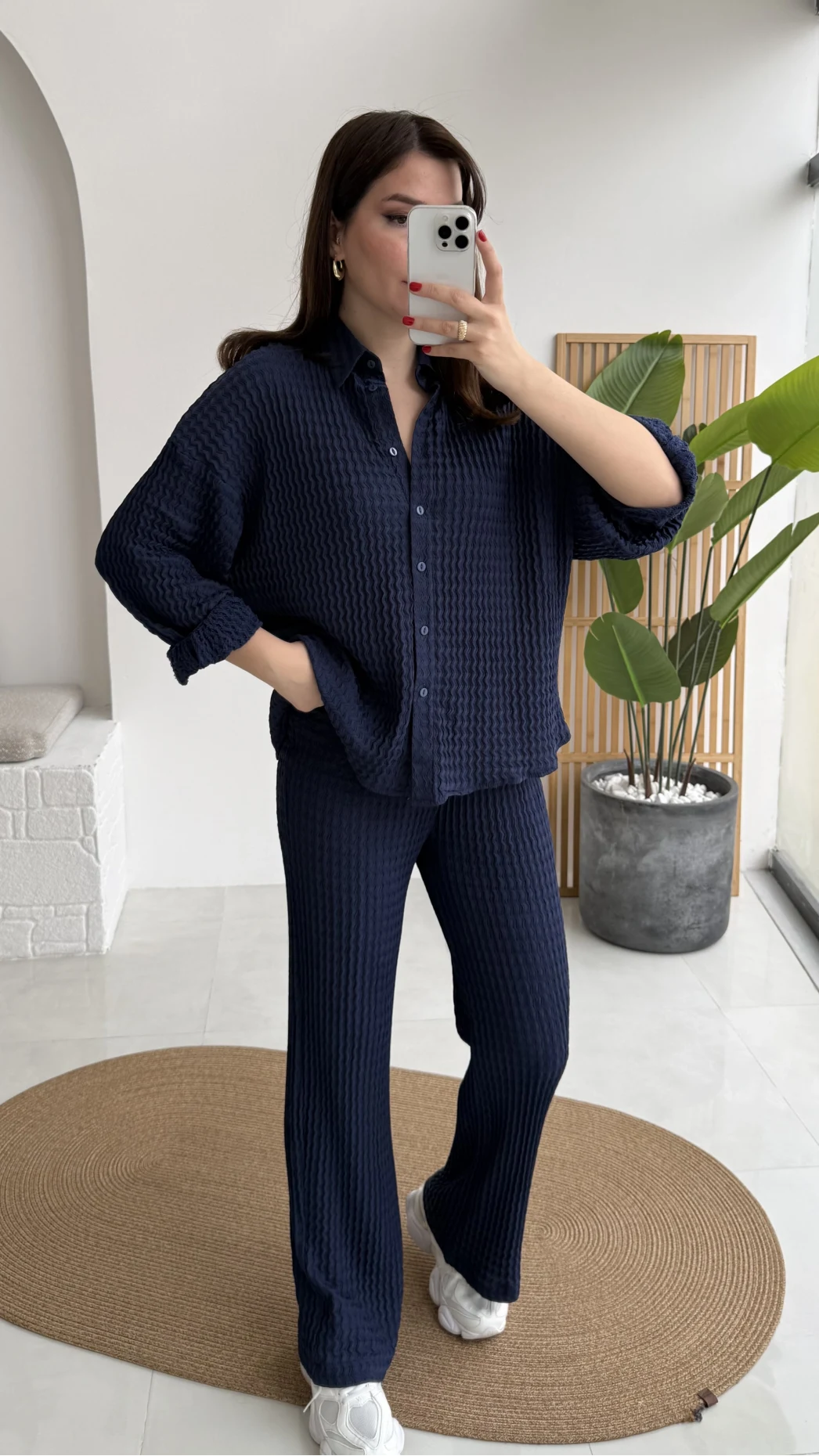 Waffle Kumaş Gömlek-Pantolon Takım - Lacivert - Kod: 6042