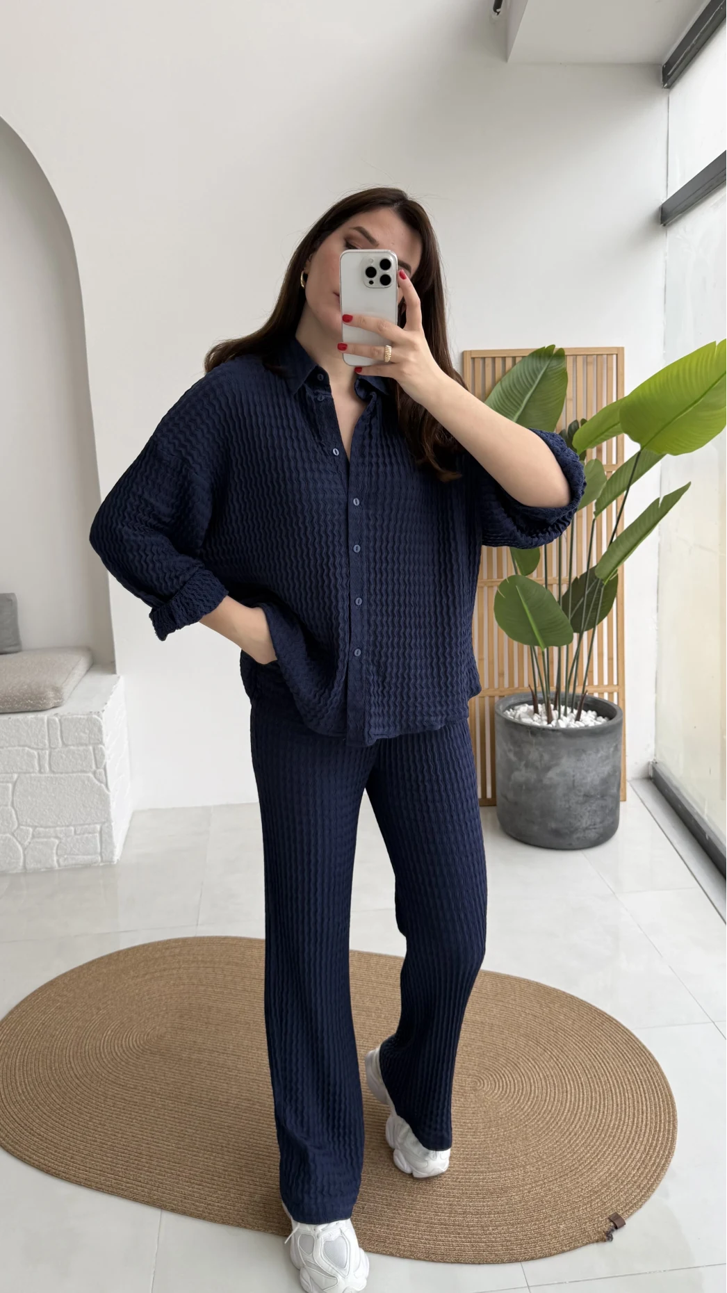 Waffle Kumaş Gömlek-Pantolon Takım - Lacivert - Kod: 6042