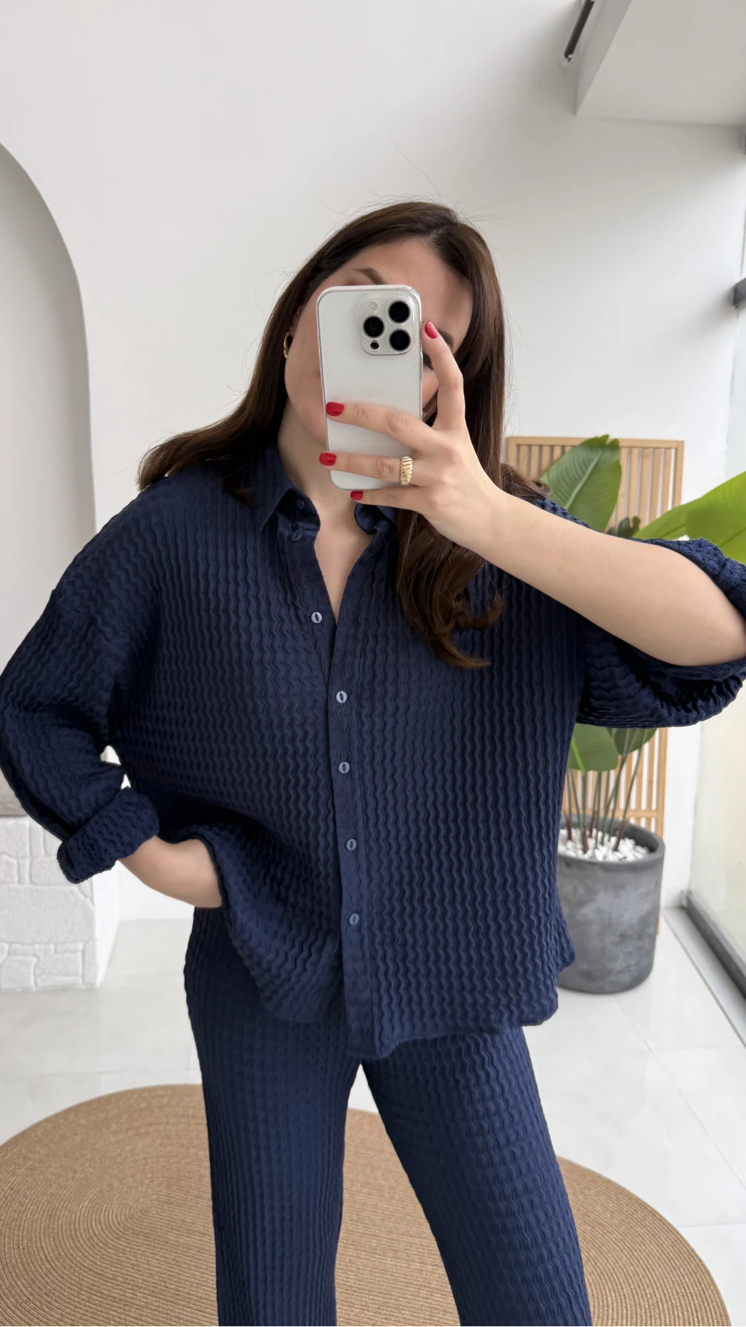 Waffle Kumaş Gömlek-Pantolon Takım - Lacivert - Kod: 6042