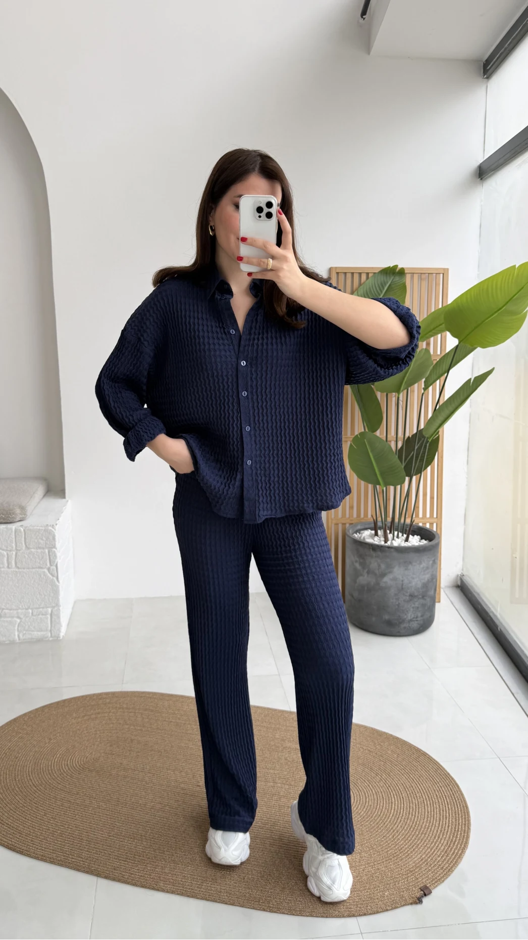 Waffle Kumaş Gömlek-Pantolon Takım - Lacivert - Kod: 6042