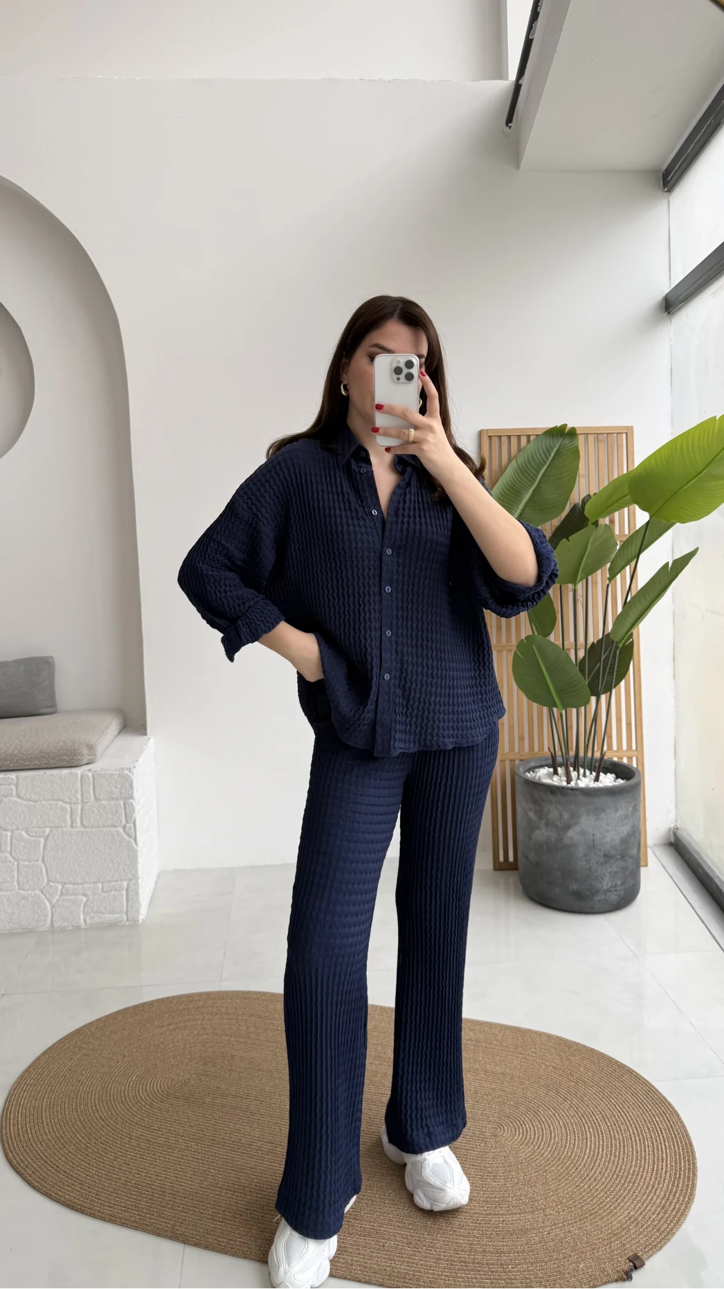 Waffle Kumaş Gömlek-Pantolon Takım - Lacivert - Kod: 6042