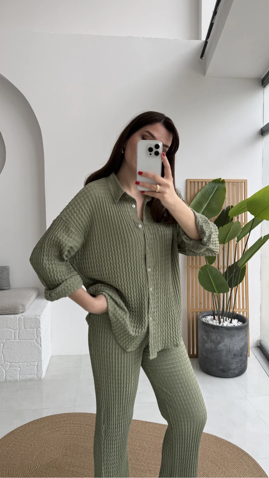 Waffle Kumaş Gömlek-Pantolon Takım - Çağla Yeşili - Kod: 6042