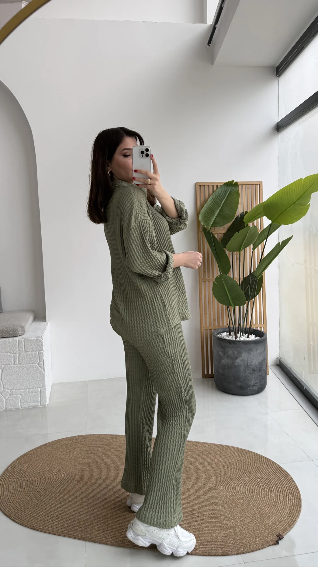 Waffle Kumaş Gömlek-Pantolon Takım - Çağla Yeşili - Kod: 6042