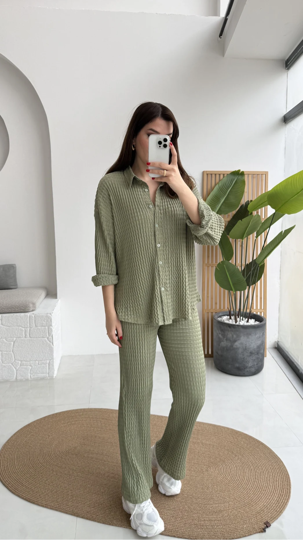 Waffle Kumaş Gömlek-Pantolon Takım - Çağla Yeşili - Kod: 6042