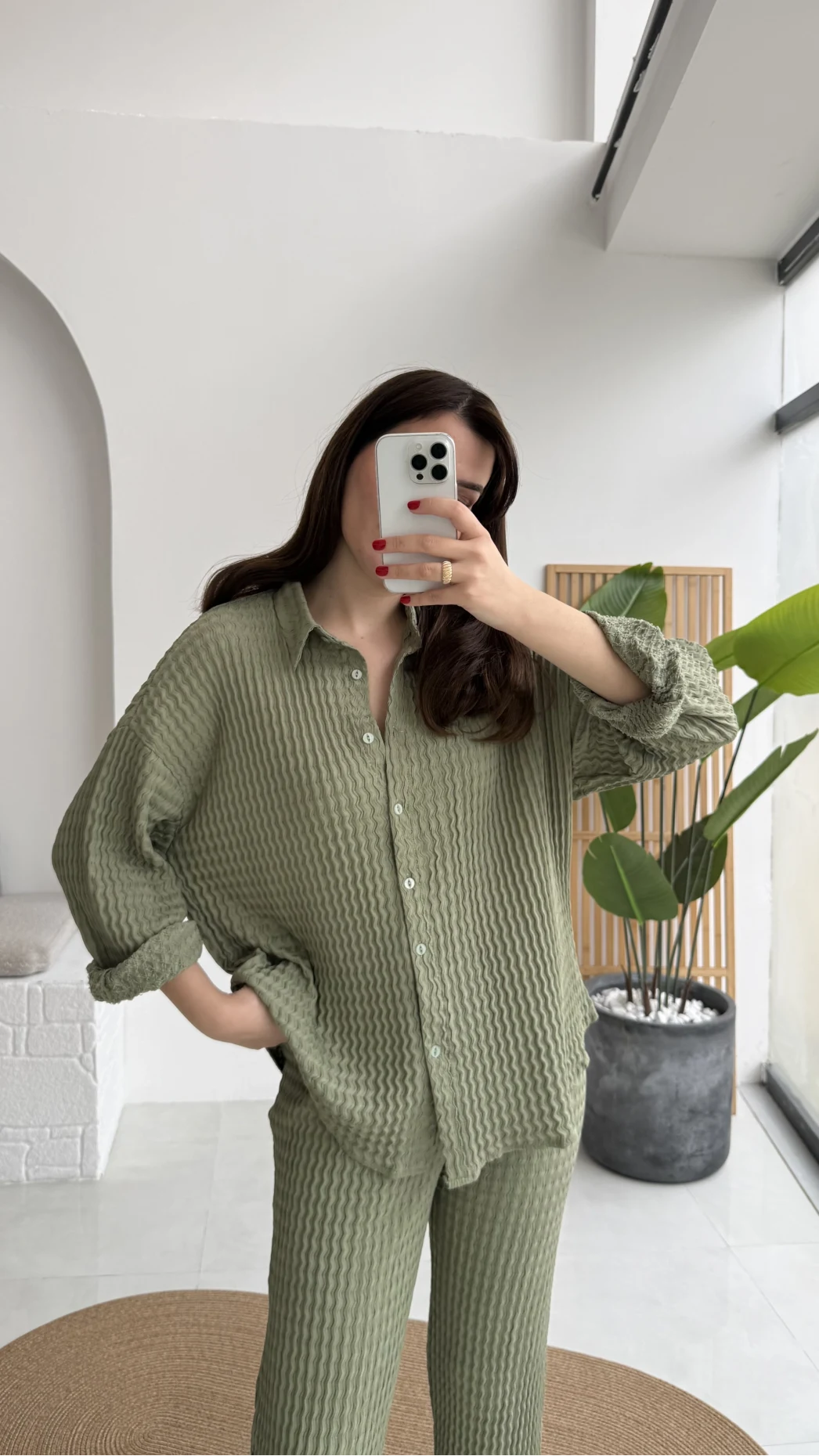 Waffle Kumaş Gömlek-Pantolon Takım - Çağla Yeşili - Kod: 6042