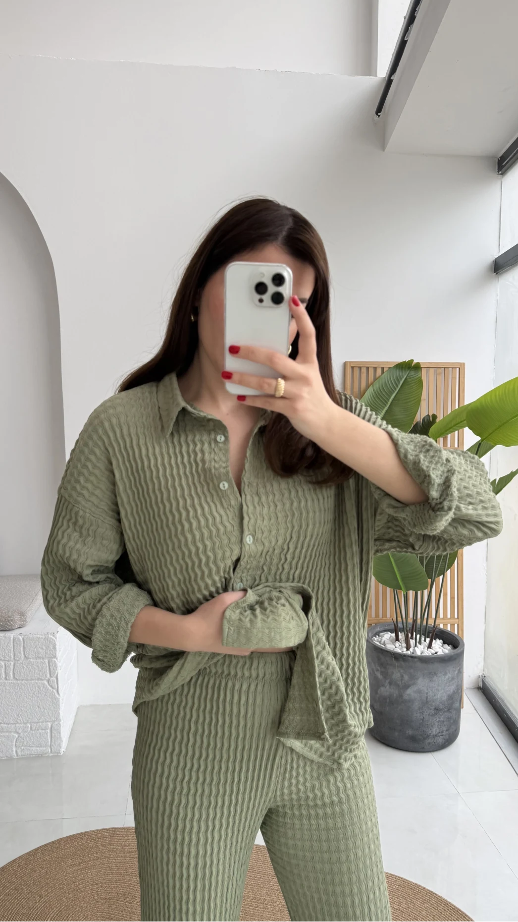 Waffle Kumaş Gömlek-Pantolon Takım - Çağla Yeşili - Kod: 6042