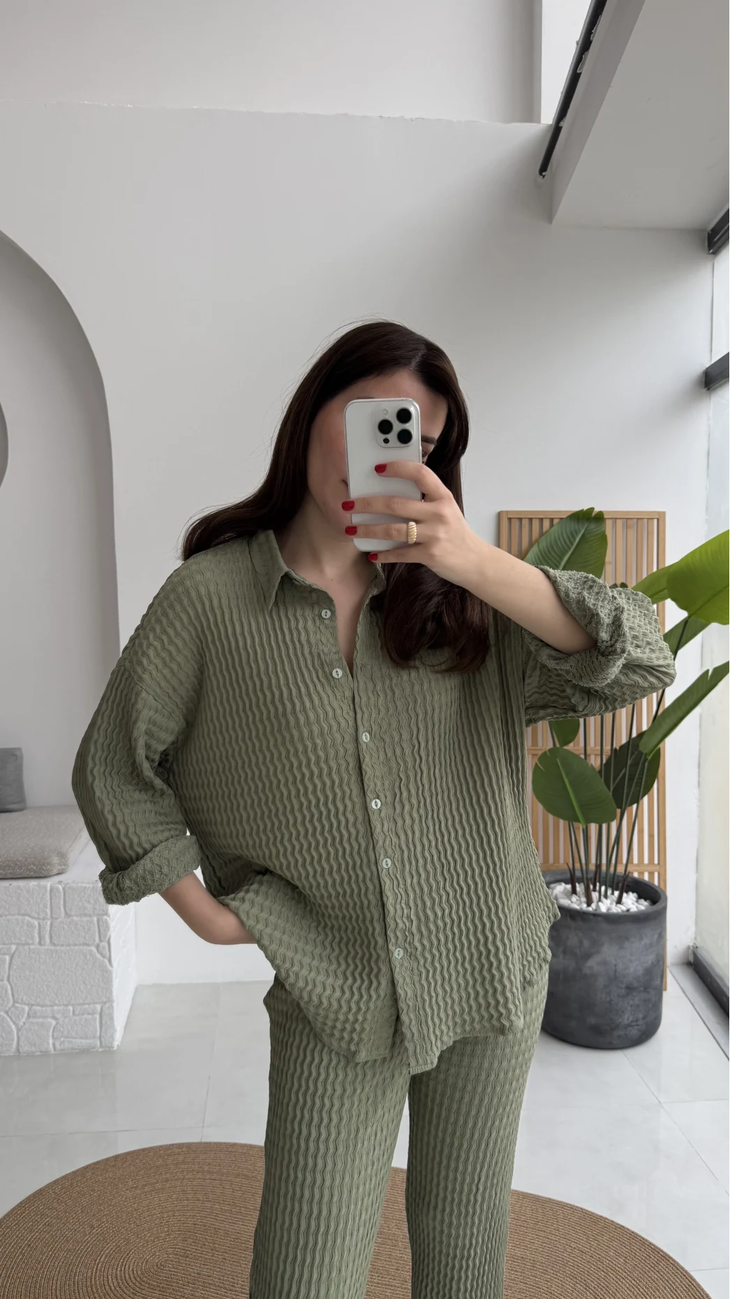 Waffle Kumaş Gömlek-Pantolon Takım - Çağla Yeşili - Kod: 6042