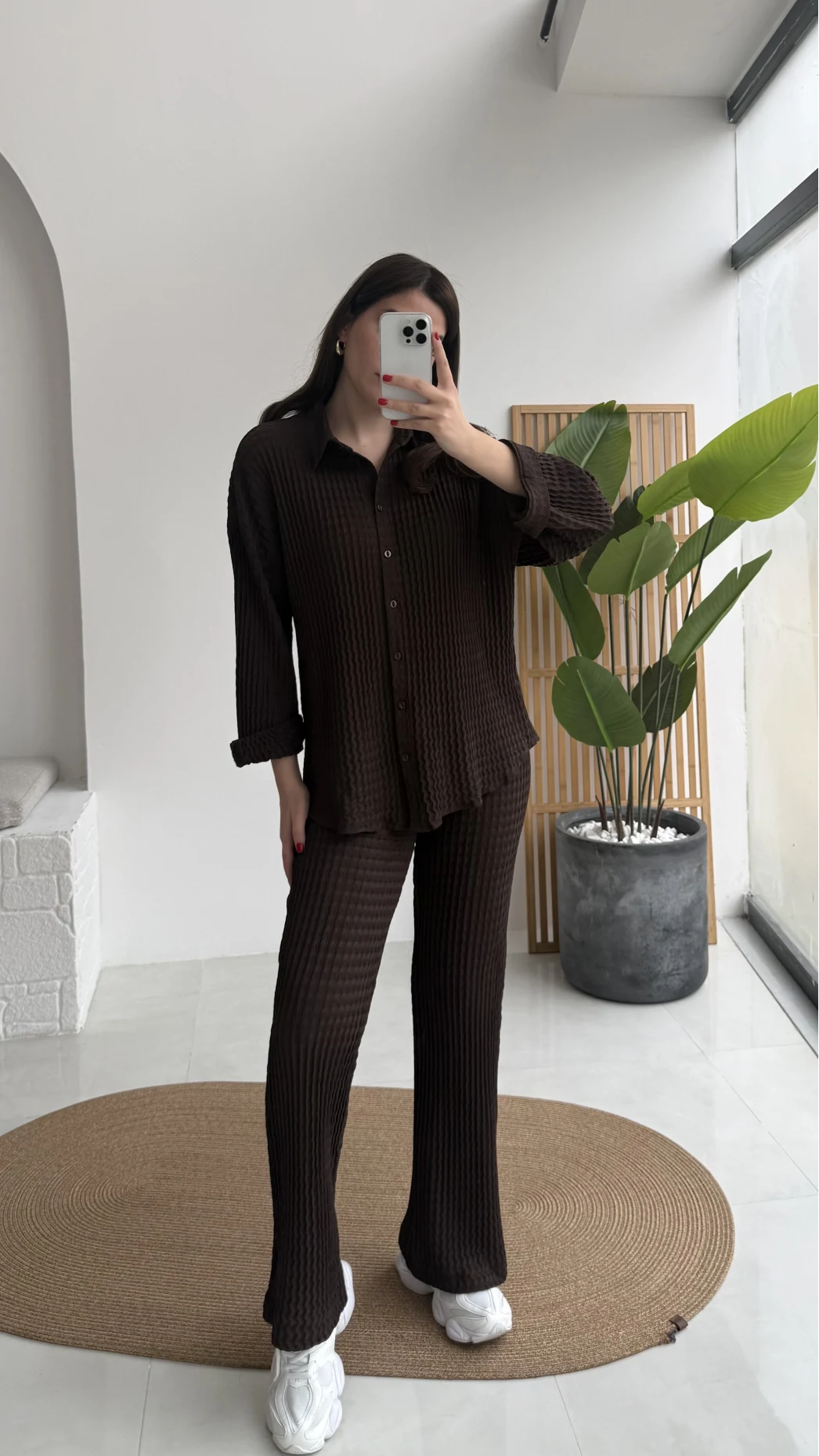 Waffle Kumaş Gömlek-Pantolon Takım - Kahverengi - Kod: 6042