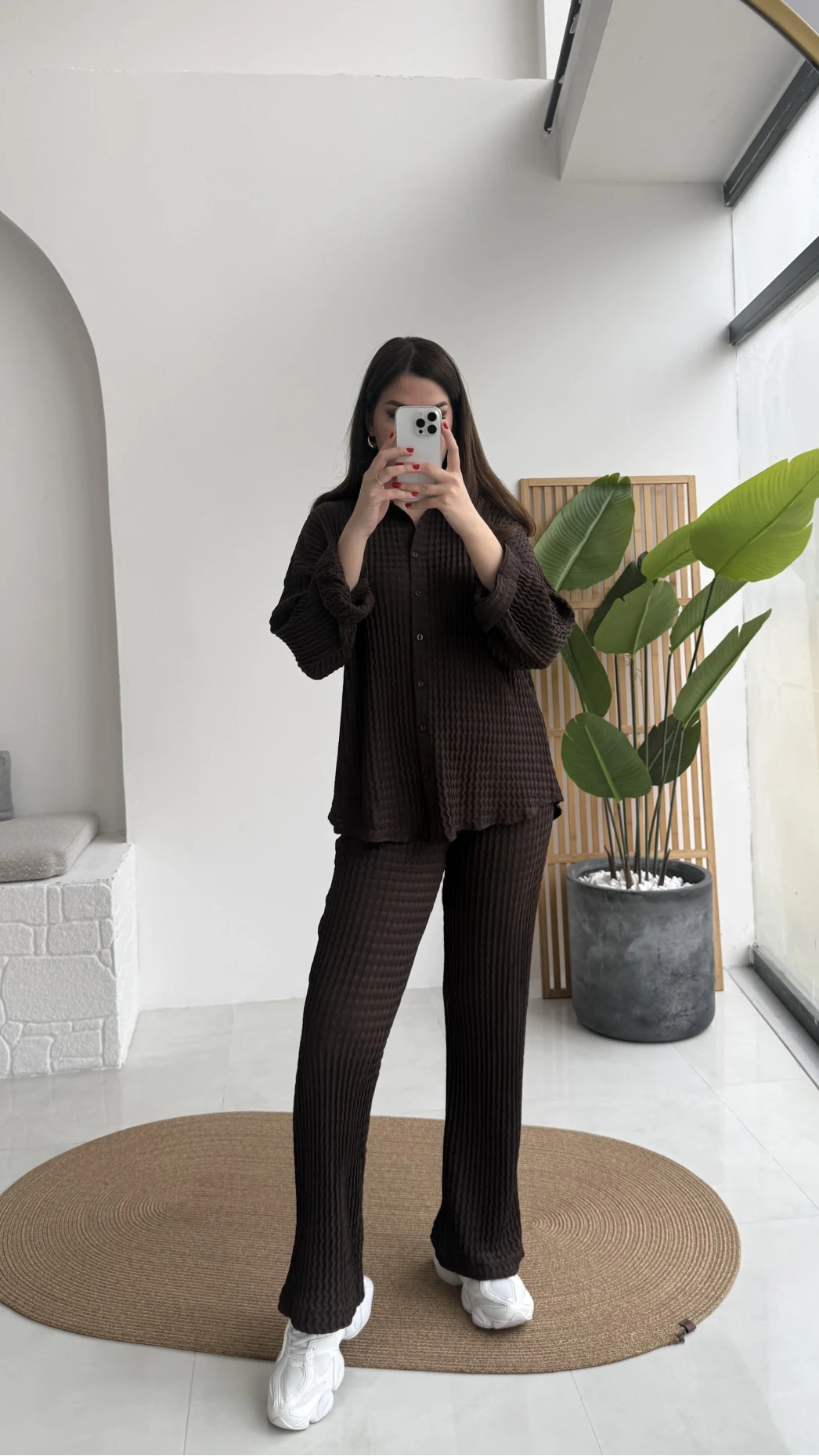 Waffle Kumaş Gömlek-Pantolon Takım - Kahverengi - Kod: 6042