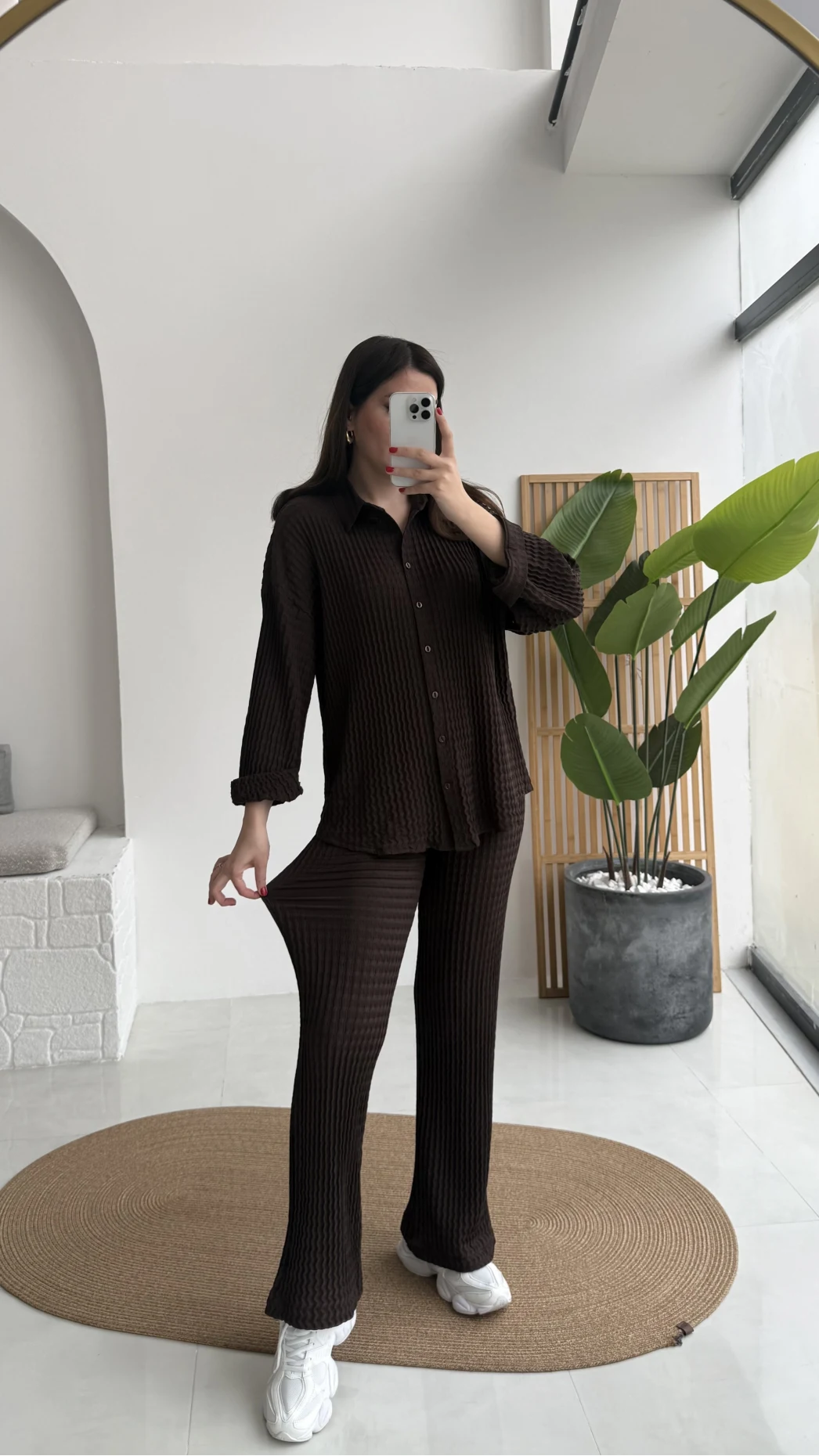 Waffle Kumaş Gömlek-Pantolon Takım - Kahverengi - Kod: 6042