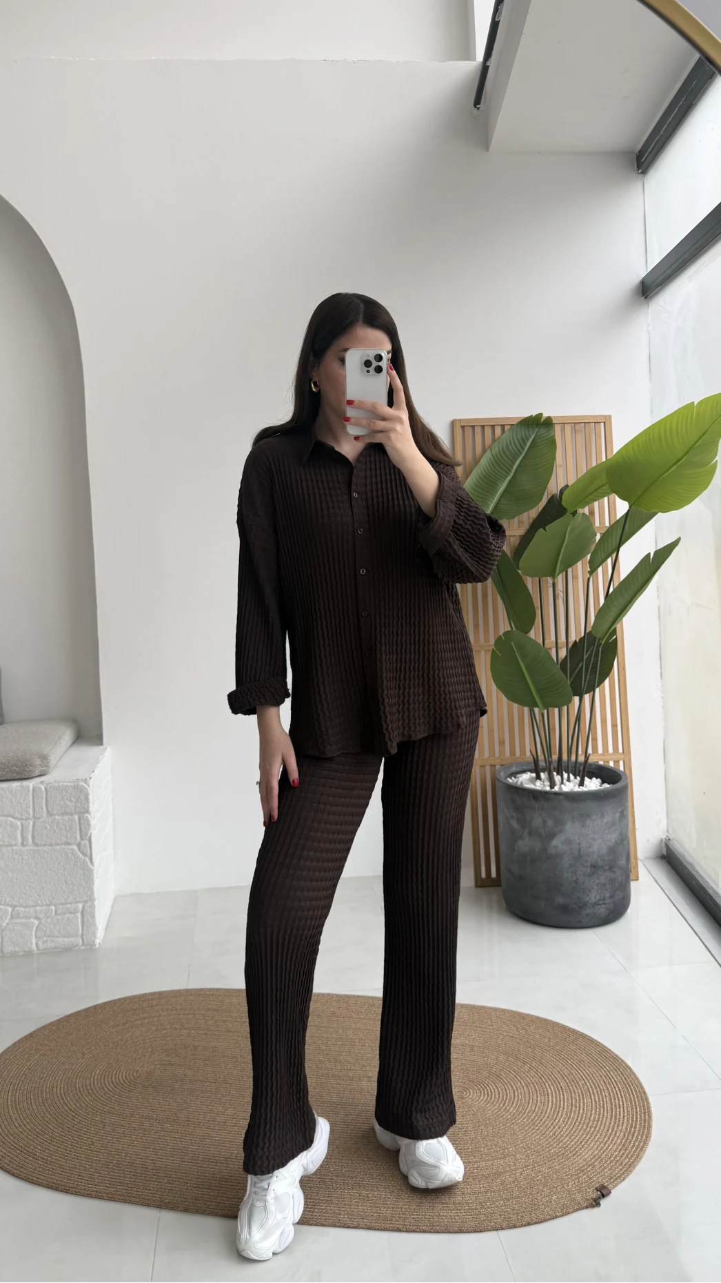 Waffle Kumaş Gömlek-Pantolon Takım - Kahverengi - Kod: 6042