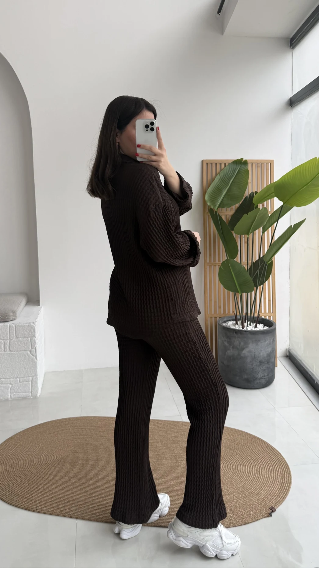 Waffle Kumaş Gömlek-Pantolon Takım - Kahverengi - Kod: 6042