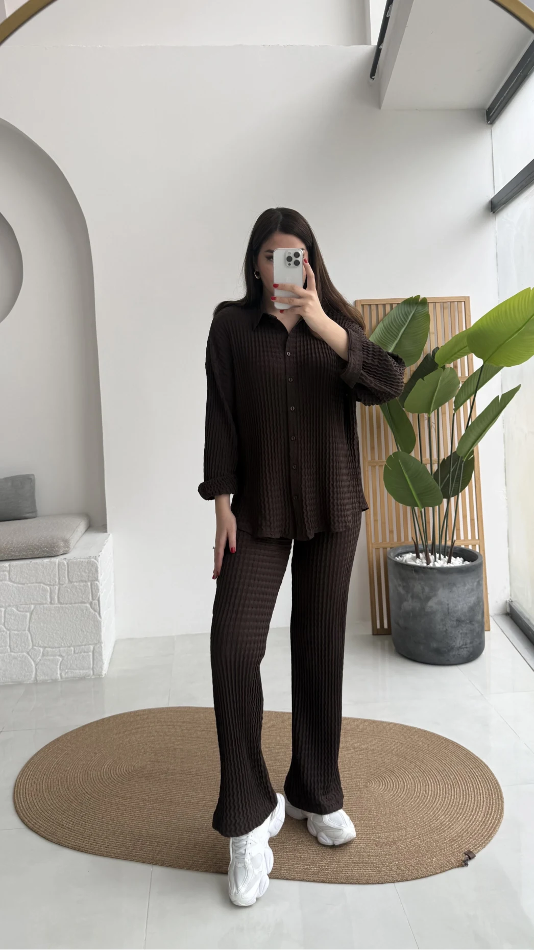 Waffle Kumaş Gömlek-Pantolon Takım - Kahverengi - Kod: 6042