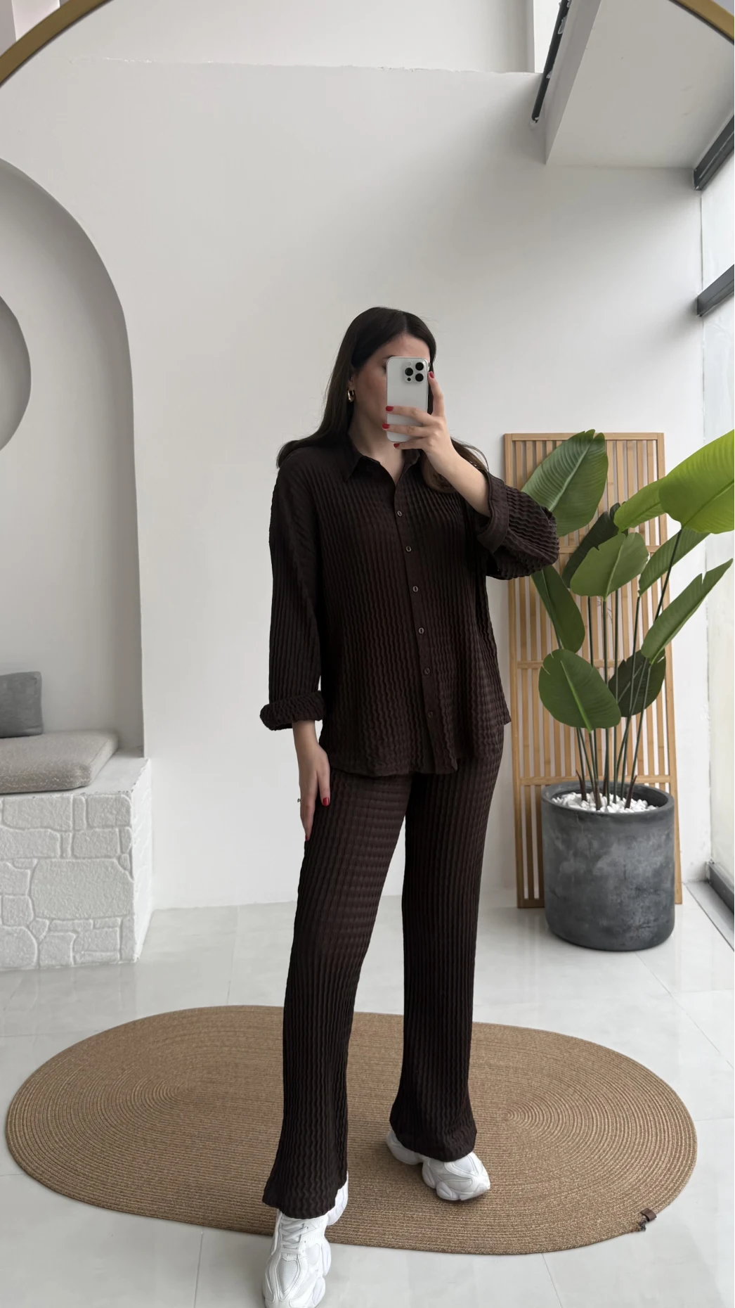 Waffle Kumaş Gömlek-Pantolon Takım - Kahverengi - Kod: 6042