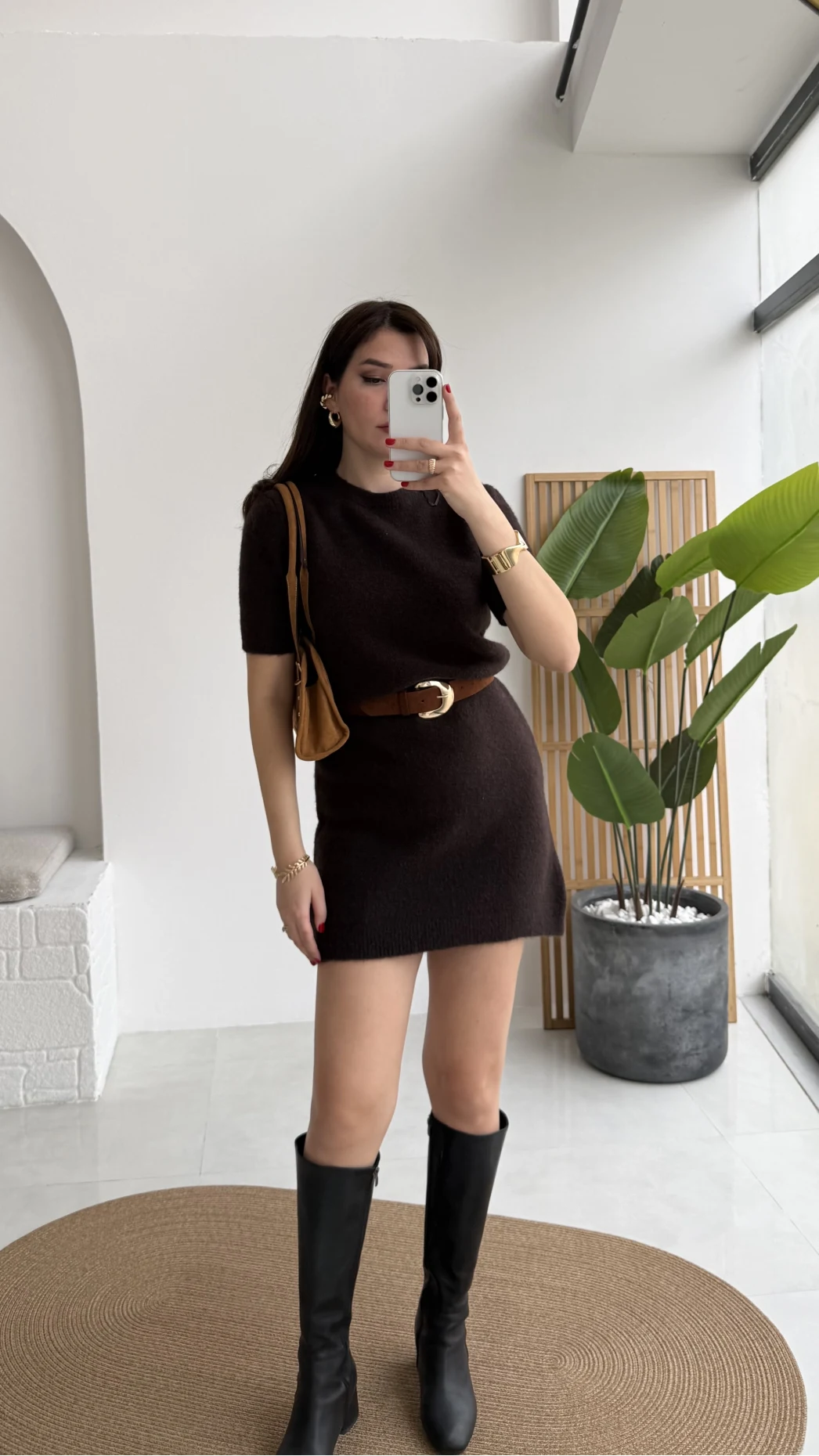 Ingrid Yarım Kol Mini Elbise - Acı Kahve - Kod: 90257