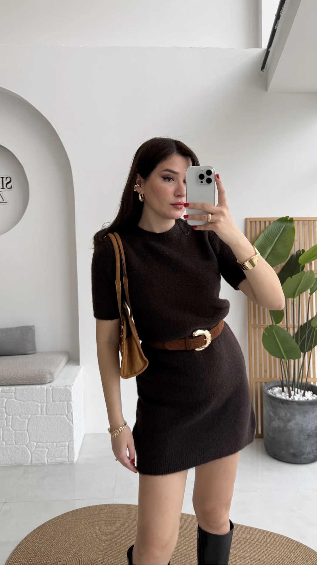 Ingrid Yarım Kol Mini Elbise - Acı Kahve - Kod: 90257