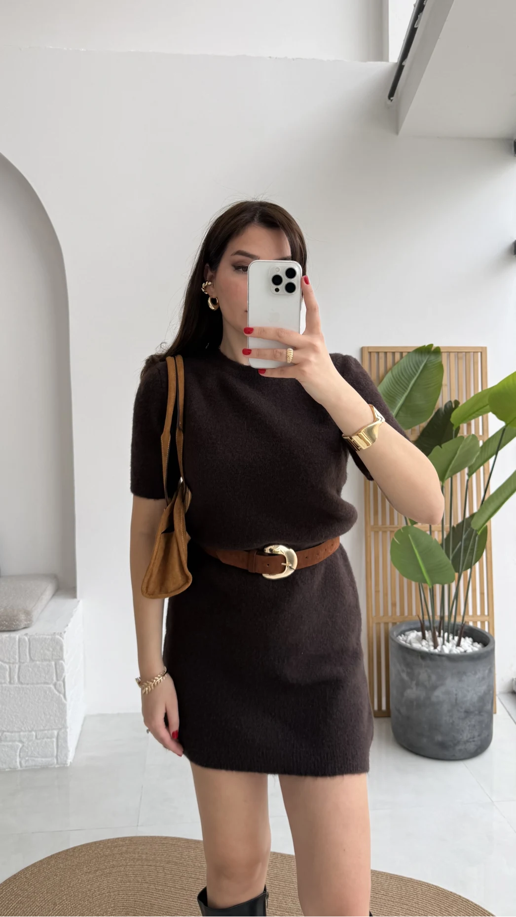 Ingrid Yarım Kol Mini Elbise - Acı Kahve - Kod: 90257