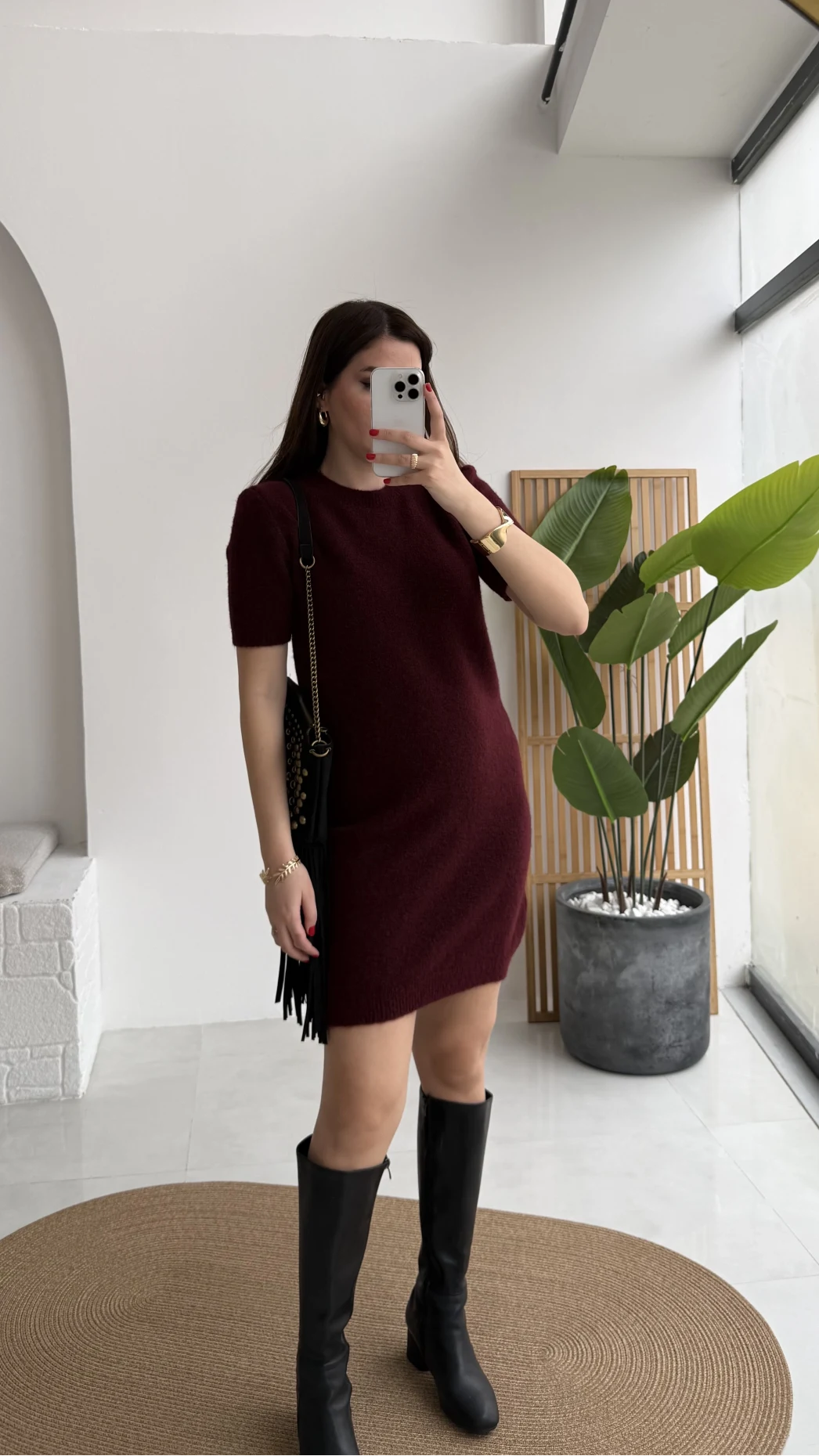 Ingrid Yarım Kol Mini Elbise - Bordo - Kod: 90257