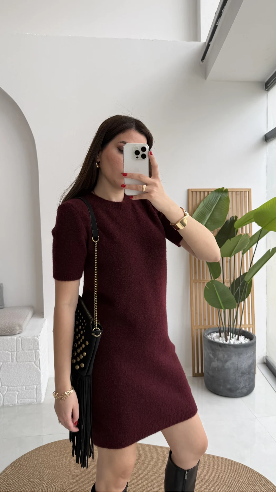 Ingrid Yarım Kol Mini Elbise - Bordo - Kod: 90257