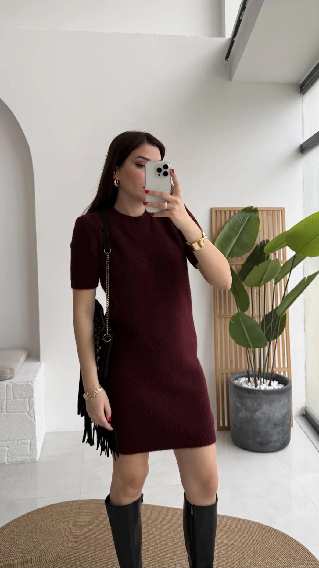 Ingrid Yarım Kol Mini Elbise - Bordo - Kod: 90257