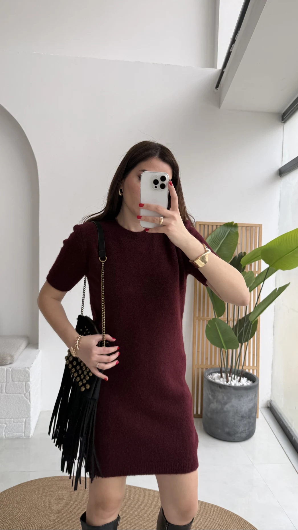 Ingrid Yarım Kol Mini Elbise - Bordo - Kod: 90257