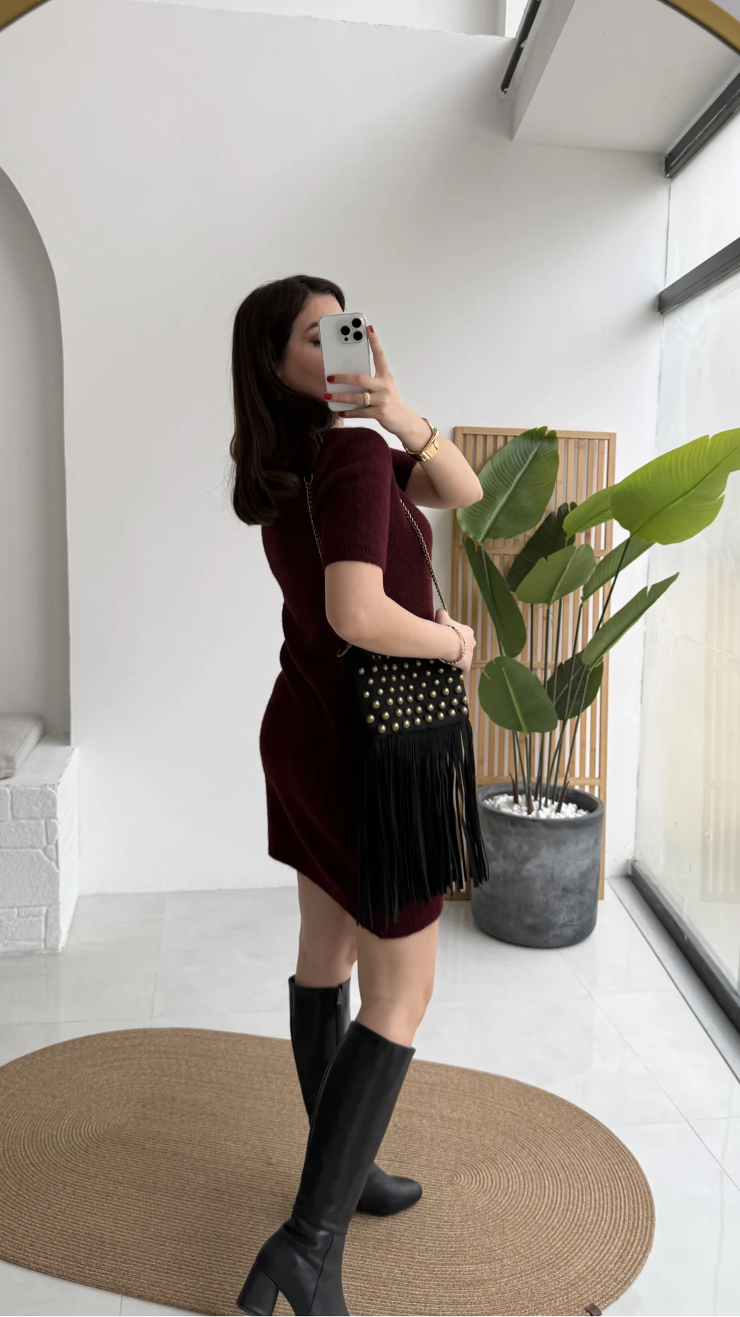 Ingrid Yarım Kol Mini Elbise - Bordo - Kod: 90257