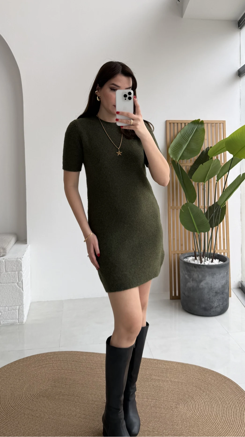 Ingrid Yarım Kol Mini Elbise - Haki - Kod: 90257