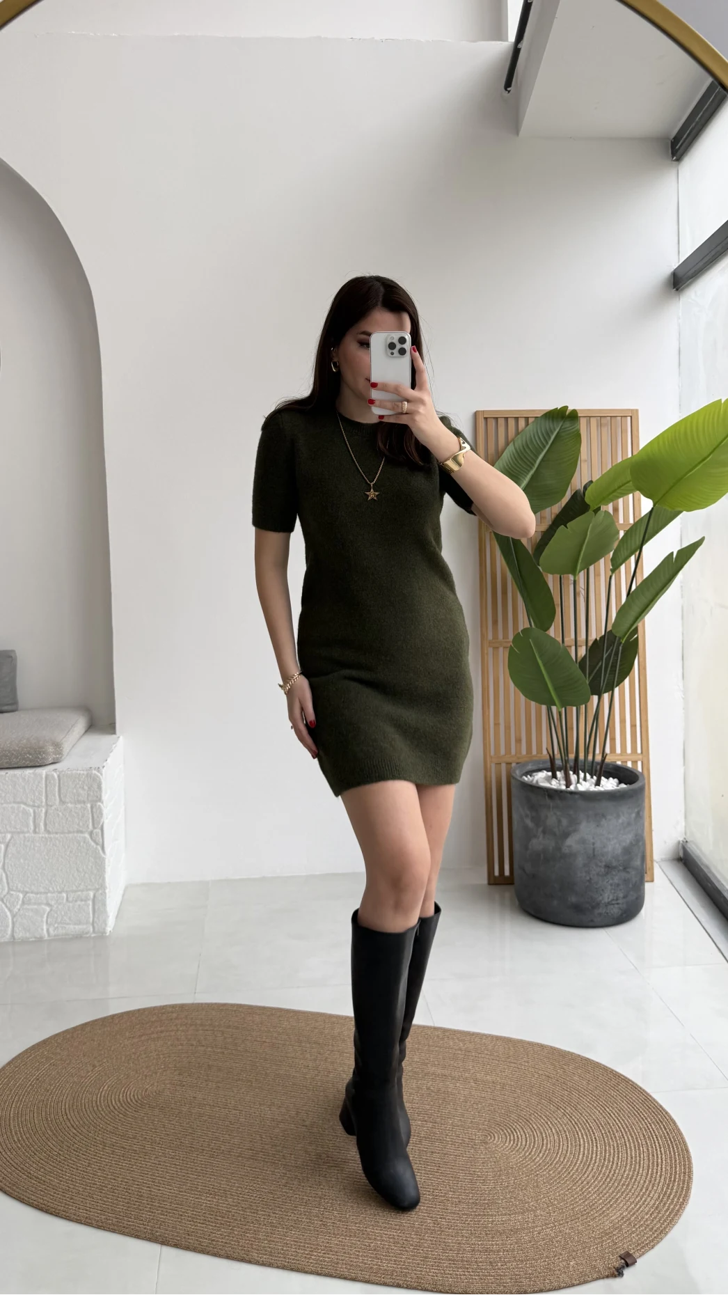 Ingrid Yarım Kol Mini Elbise - Haki - Kod: 90257