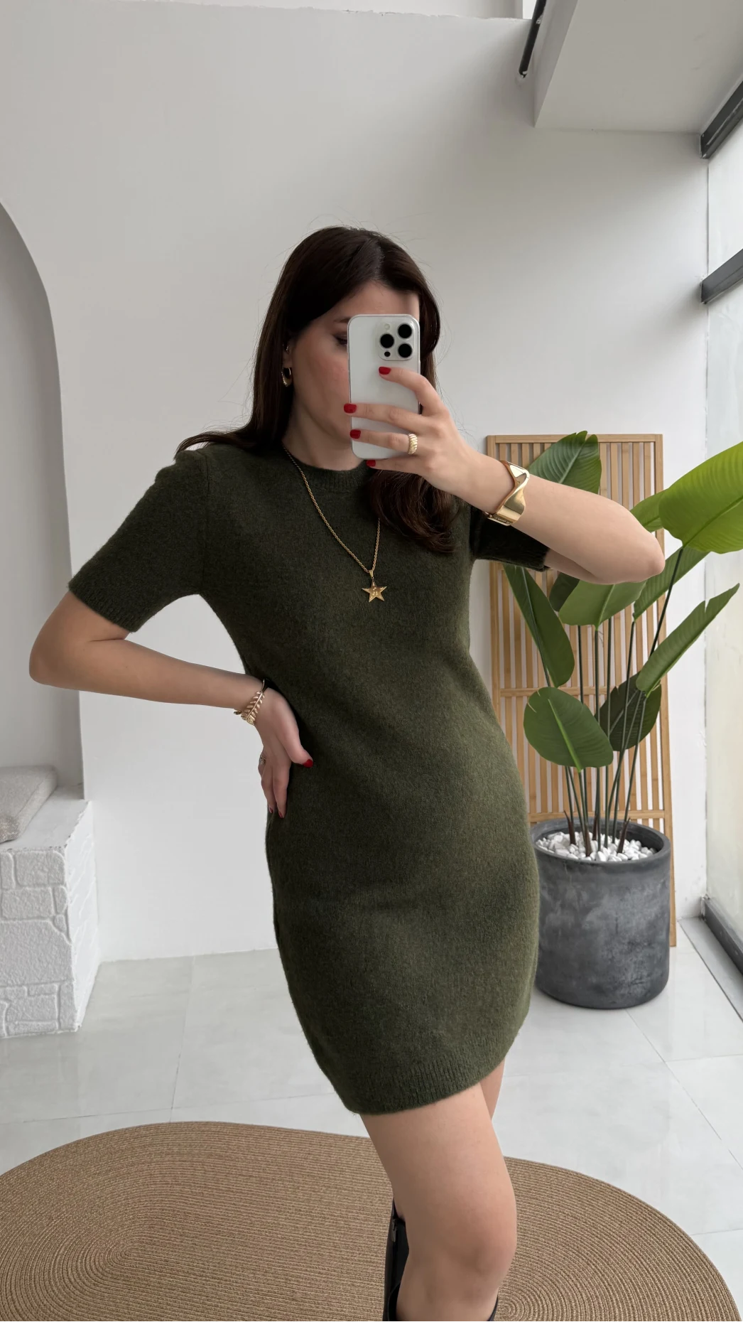 Ingrid Yarım Kol Mini Elbise - Haki - Kod: 90257