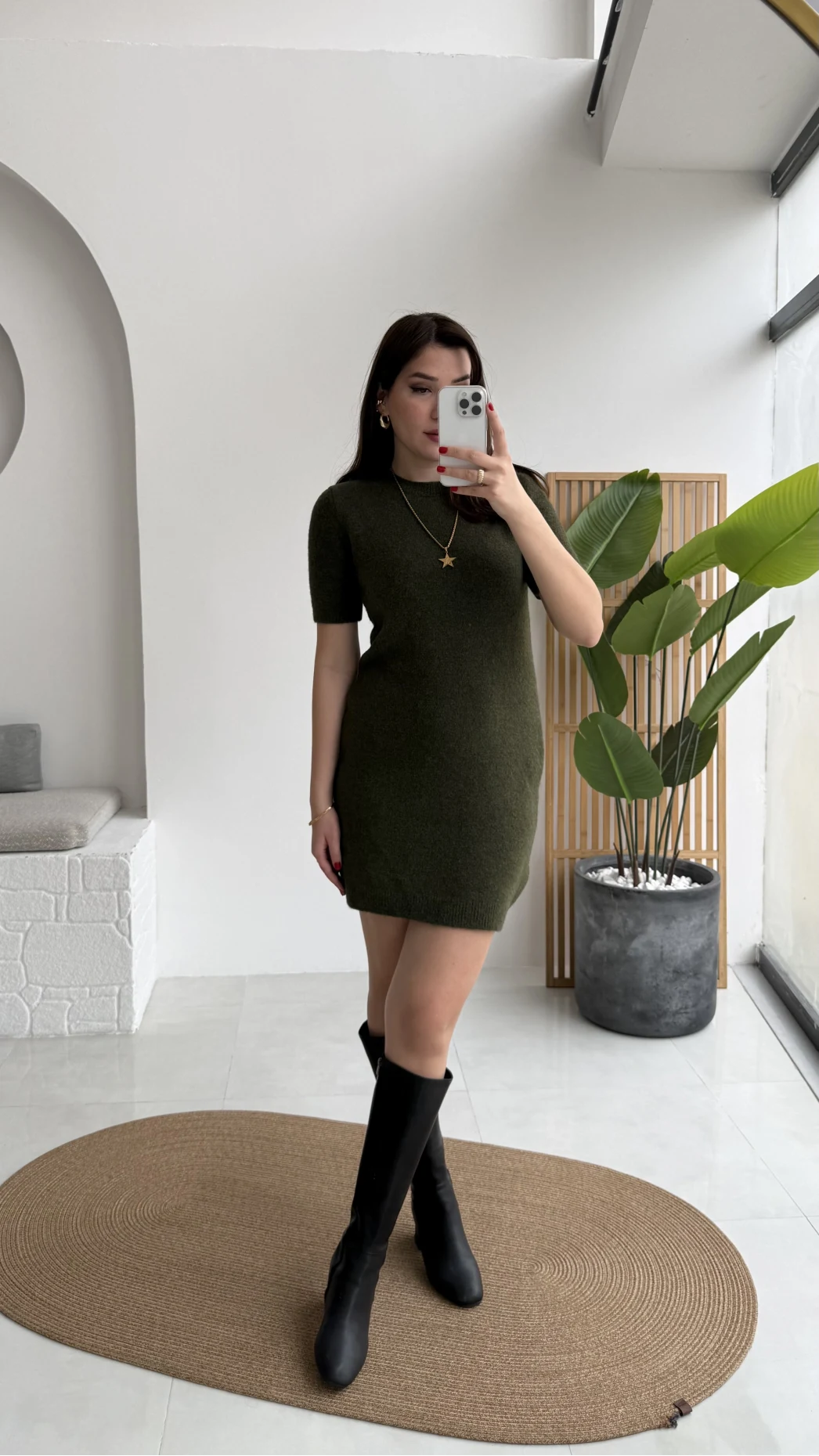 Ingrid Yarım Kol Mini Elbise - Haki - Kod: 90257