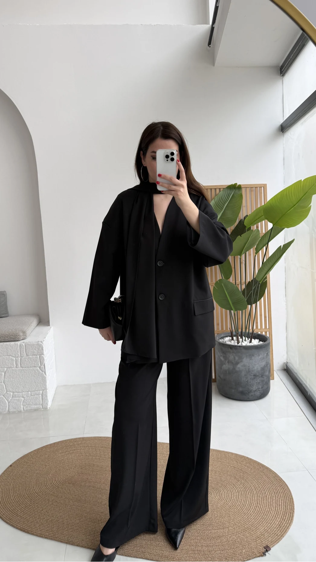 Yuna Fular Detay Bağcıklı Ceket Takım - Siyah - Kod: 6003